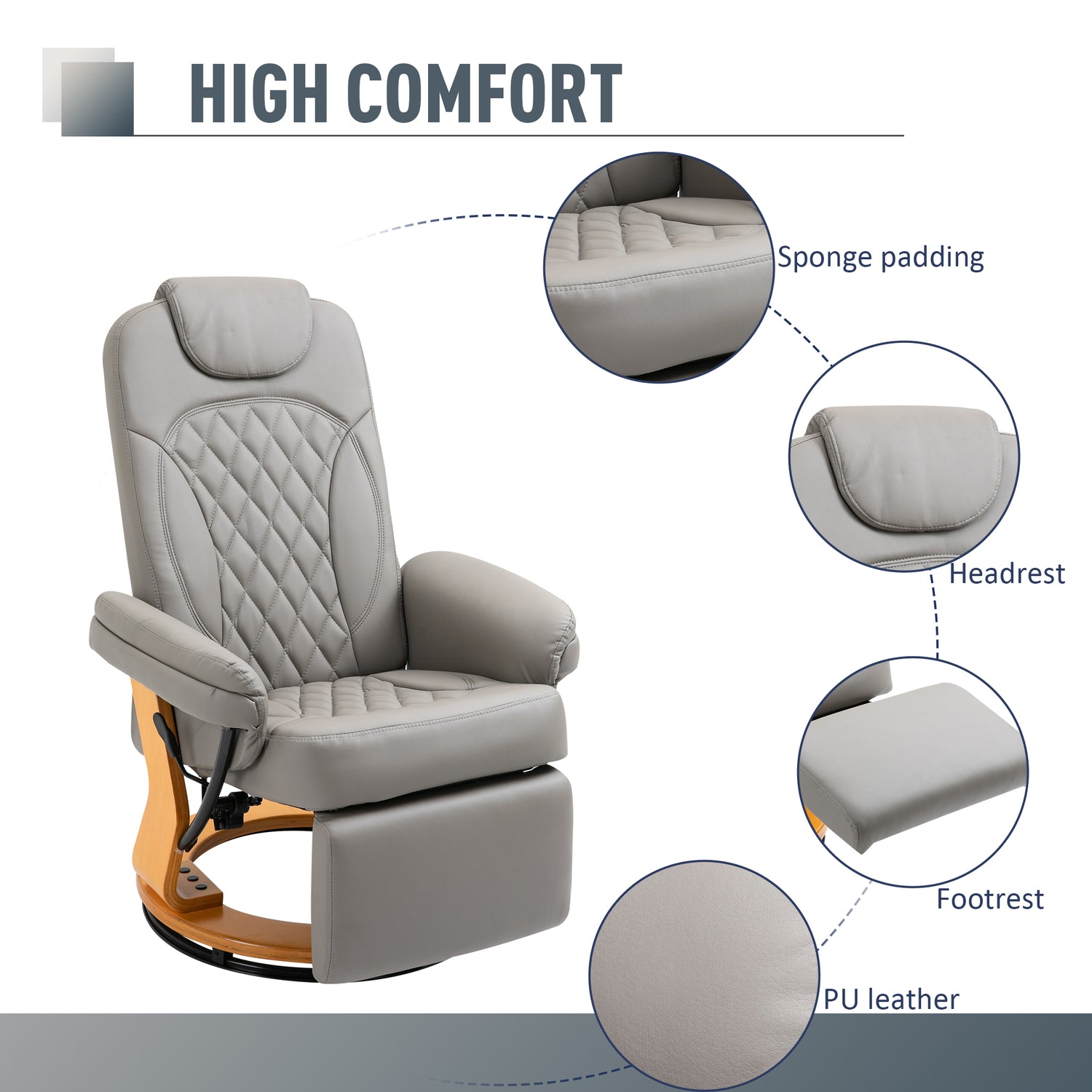 HOMCOM PU Recliner Chair with Footrest, Headrest, Round Wooden