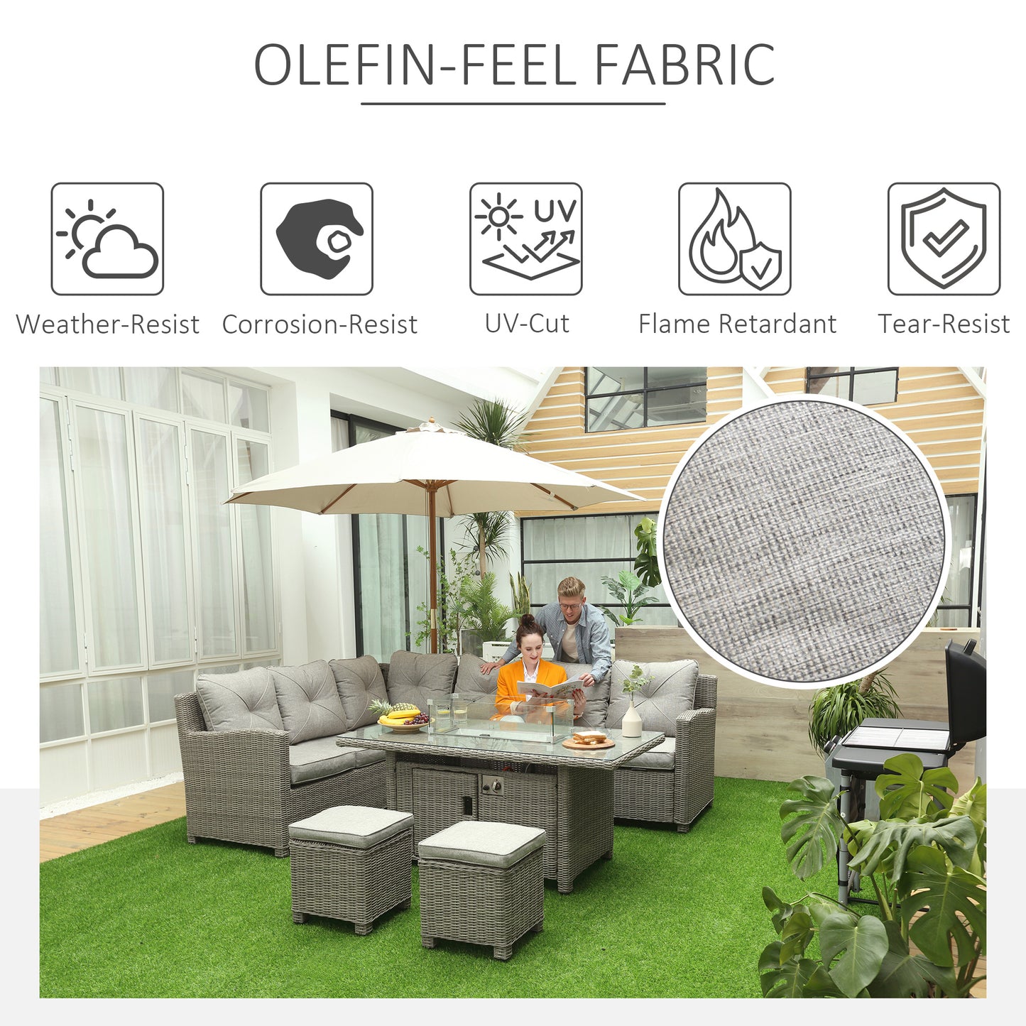 Outsunny 8-Seater Outdoor PE Rattan Sofa Set Conversation Set w/ Fire Pit Table, L-Shape Sofa, Footstool and Furniture Cover