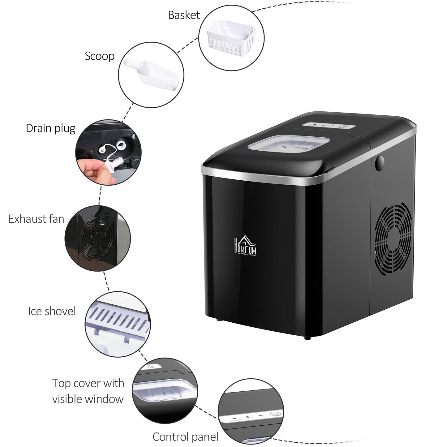 HOMCOM Portable Ice Maker Countertop, Bullet Ice Cube Machine, 9 Ice Cubes per 8 Minutes, Automatic Cleaning, Visible Window Scoop and Basket for Kitchen, Office, Bar, Black