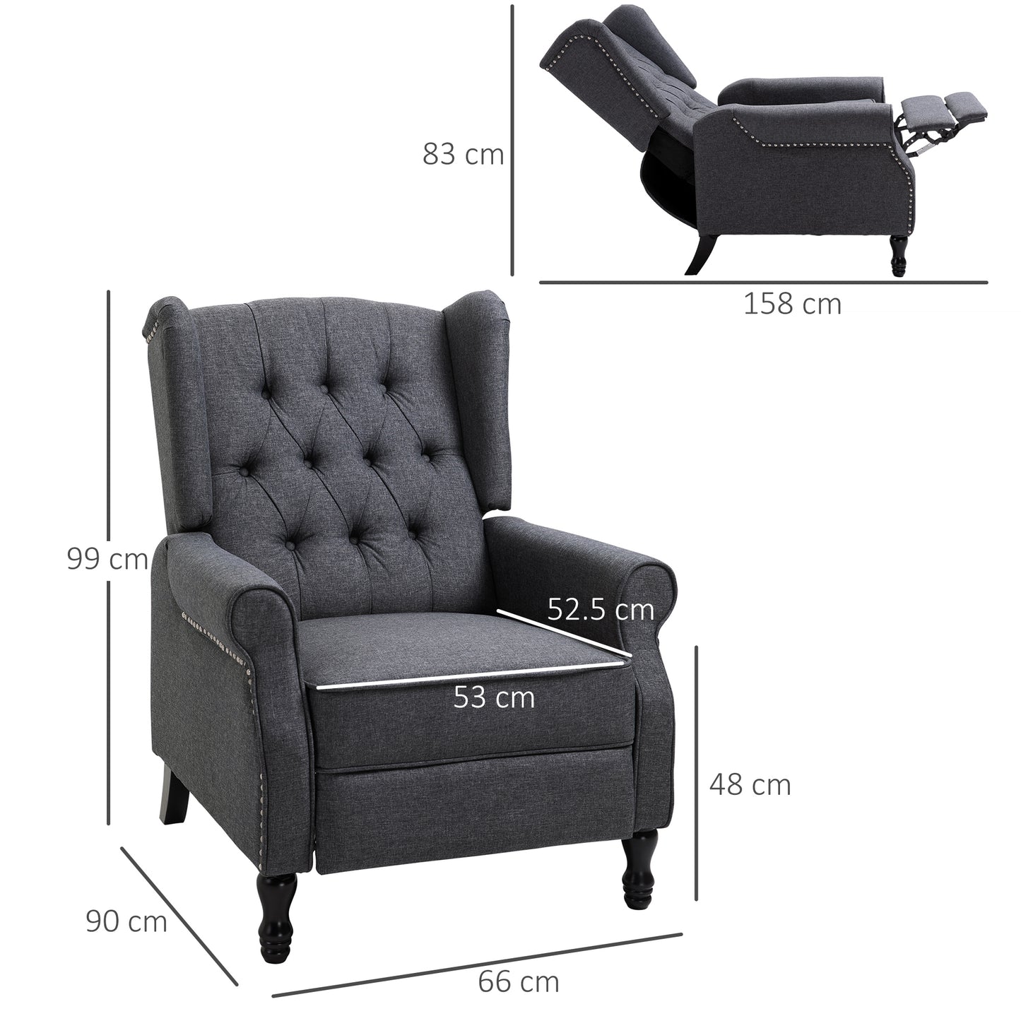 HOMCOM Recliner Armchair for Living Room, Reclining Chair, Wingback Chair with Button Tufted Back and Footrest, Dark Grey