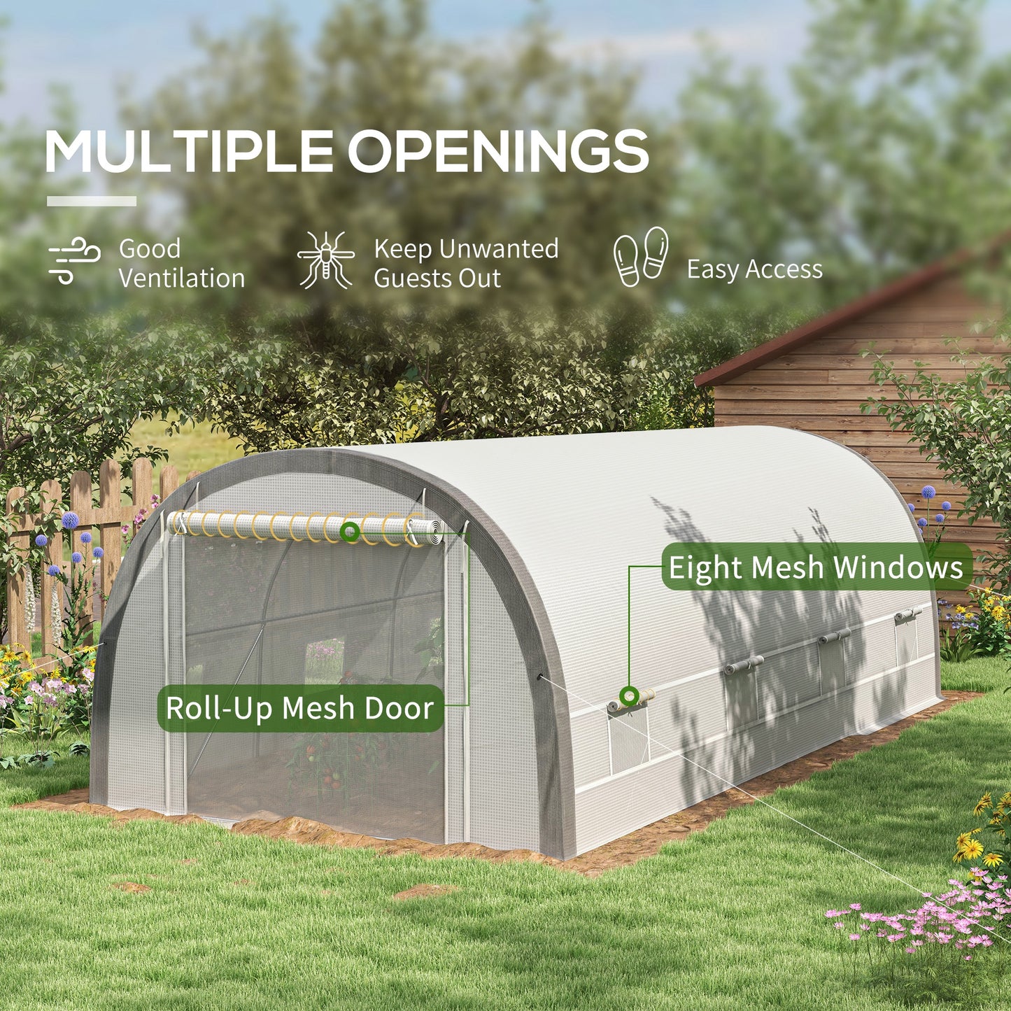Outsunny 6 x 3(m) Polytunnel Greenhouse with Upgraded Structure Mesh Door and Windows 15 Plant Labels White