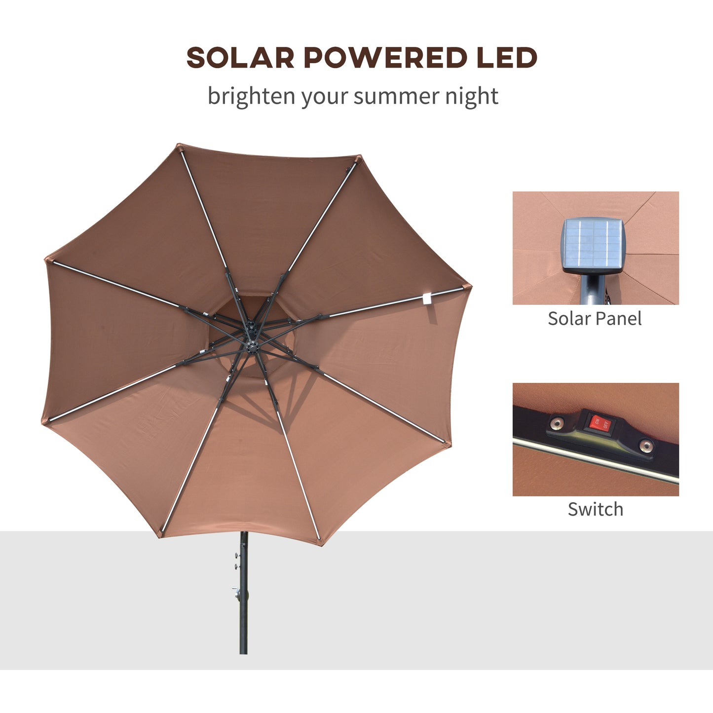 Outsunny 3(m) Cantilever Banana Parasol Hanging Umbrella with LED Solar lights, Crank, 8 Sturdy Ribs and Cross Base for Outdoor, Garden, Patio, Coffee