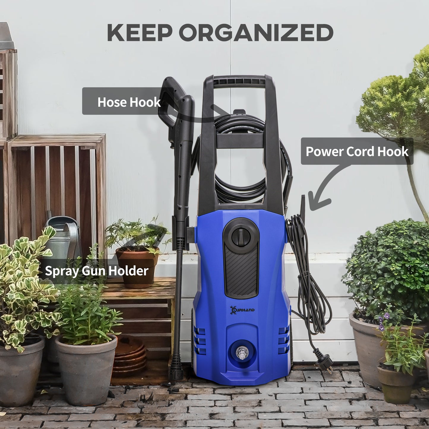 DURHAND HighÂ PressureÂ Washer, 150 Bar Pressure, 510 L/h Flow, 1800W, High-Performance Portable Power Jet Wash Cleaner, Blue