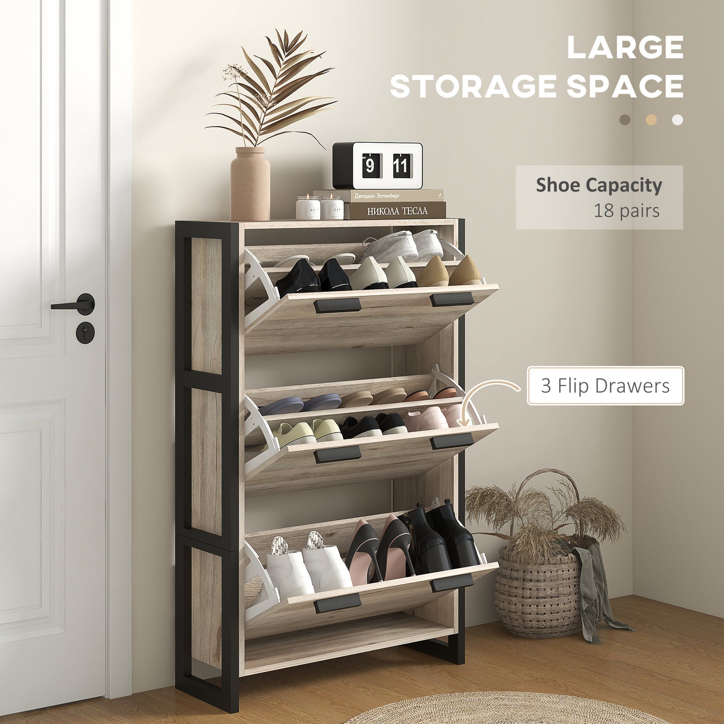 HOMCOM Shoe Storage Cabinet with 3 Flip Drawers Adjustable Shelf 18 Pairs Narrow Shoe Cupboard for Entryway Natural Woodeffect