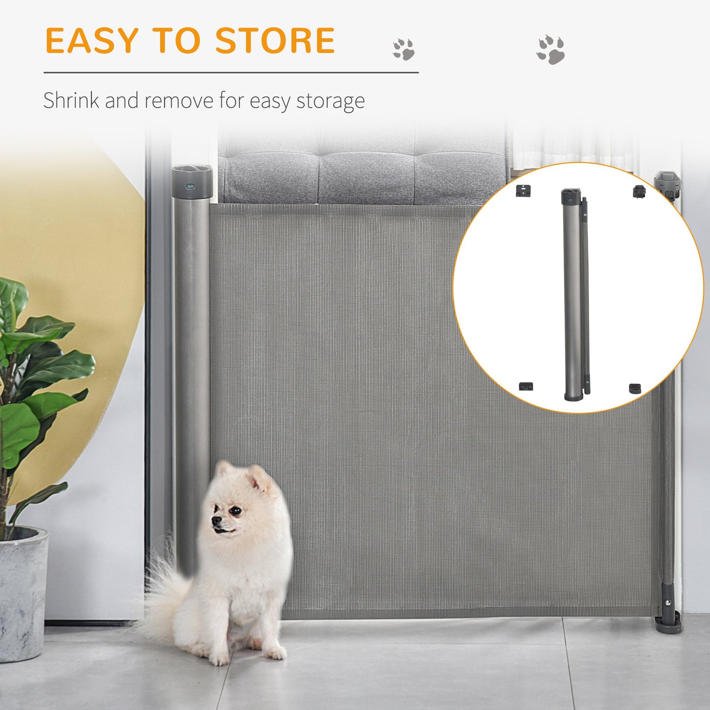 PawHut Retractable Stair Gate for Dogs 140cm Extendable, 88cm Tall, Extra Wide Foldable Mesh Pet Safety Gate with Single Hand Operation, for Doorways, Hallways, Stairs - Grey