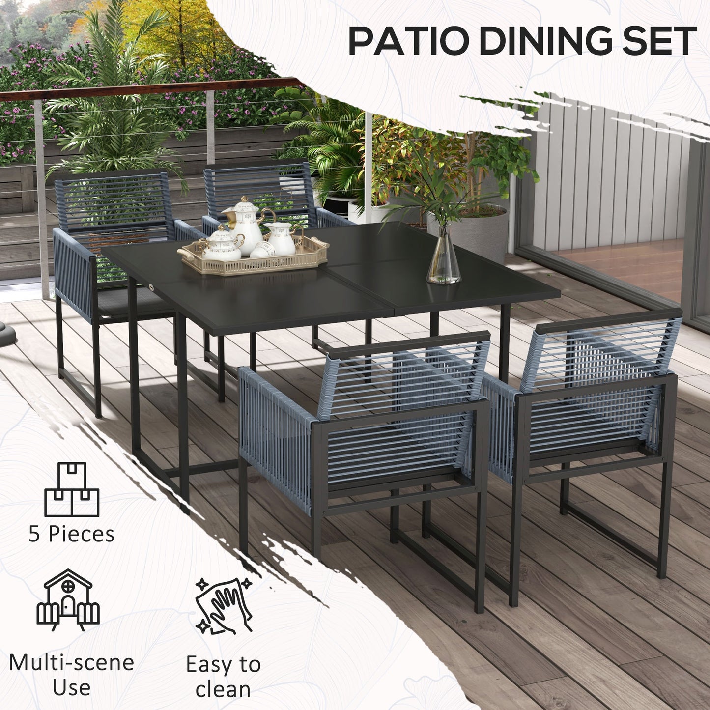 Outsunny Five-Piece Metal Dining Set, with Folding Back Chairs