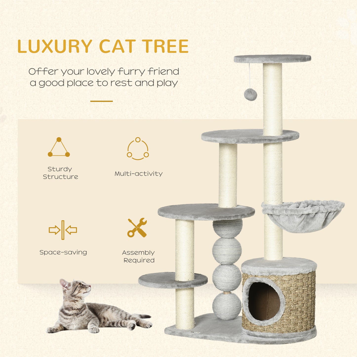 PawHut Cat Tree, 115cm Cat Climbing Tower, kitten Activity Centre with Fluffy House and Hammock, Light Grey