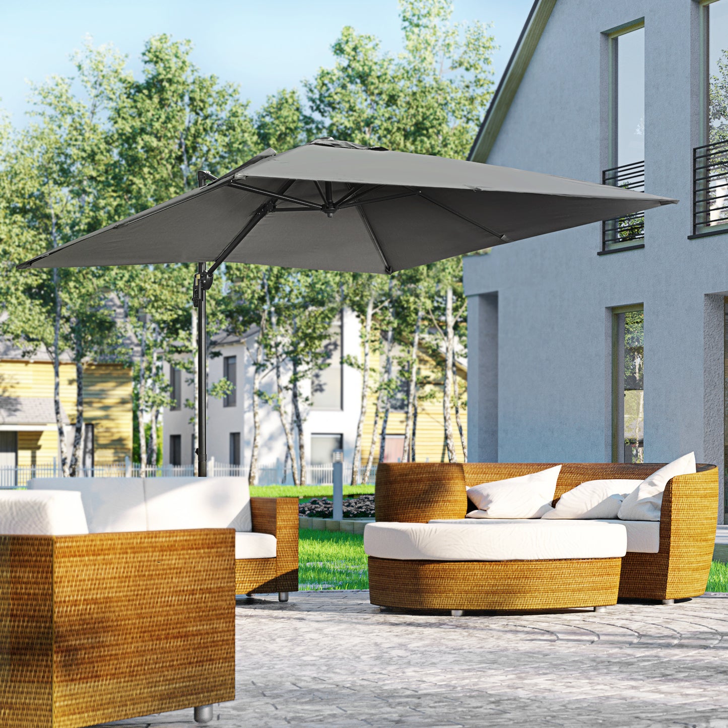 Outsunny 2.7m Square Overhanging Cantilever Umbrella, with Cross Base - Dark Grey