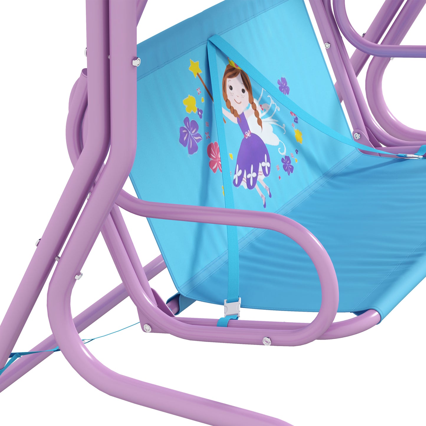 Outsunny 2 Seater Kids Garden Swing Fairy Themed Kids Swing Chair with Adjustable Canopy, Safety Belts for Park Porch Poolside