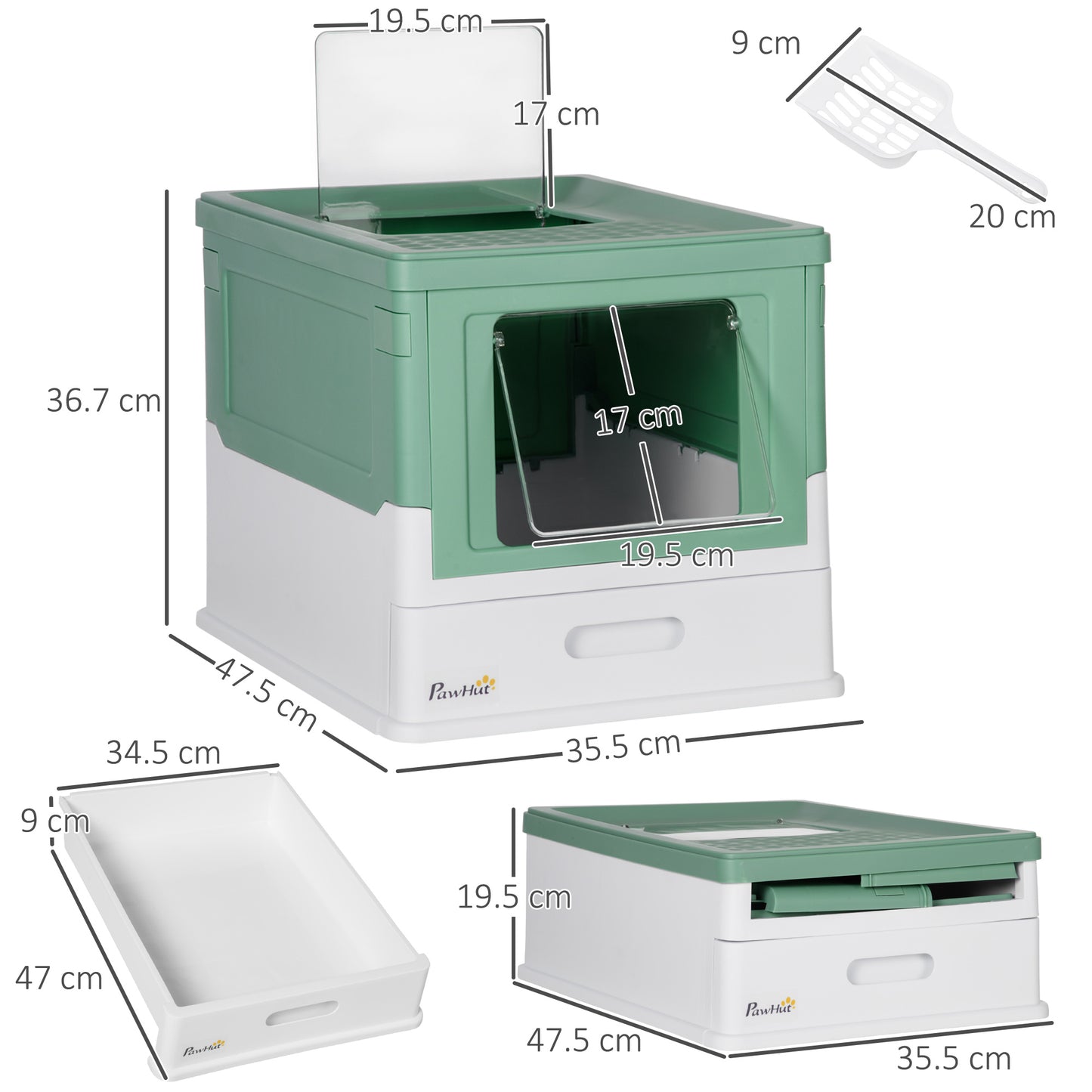 PawHut Hooded Cat Litter Box Scoop Included, Litter Tray with Front Entry Top Exit, Portable Pet Toilet with Large Space, Easy Assemble, 47.5 x 35.5 x 36.7 cm, Green