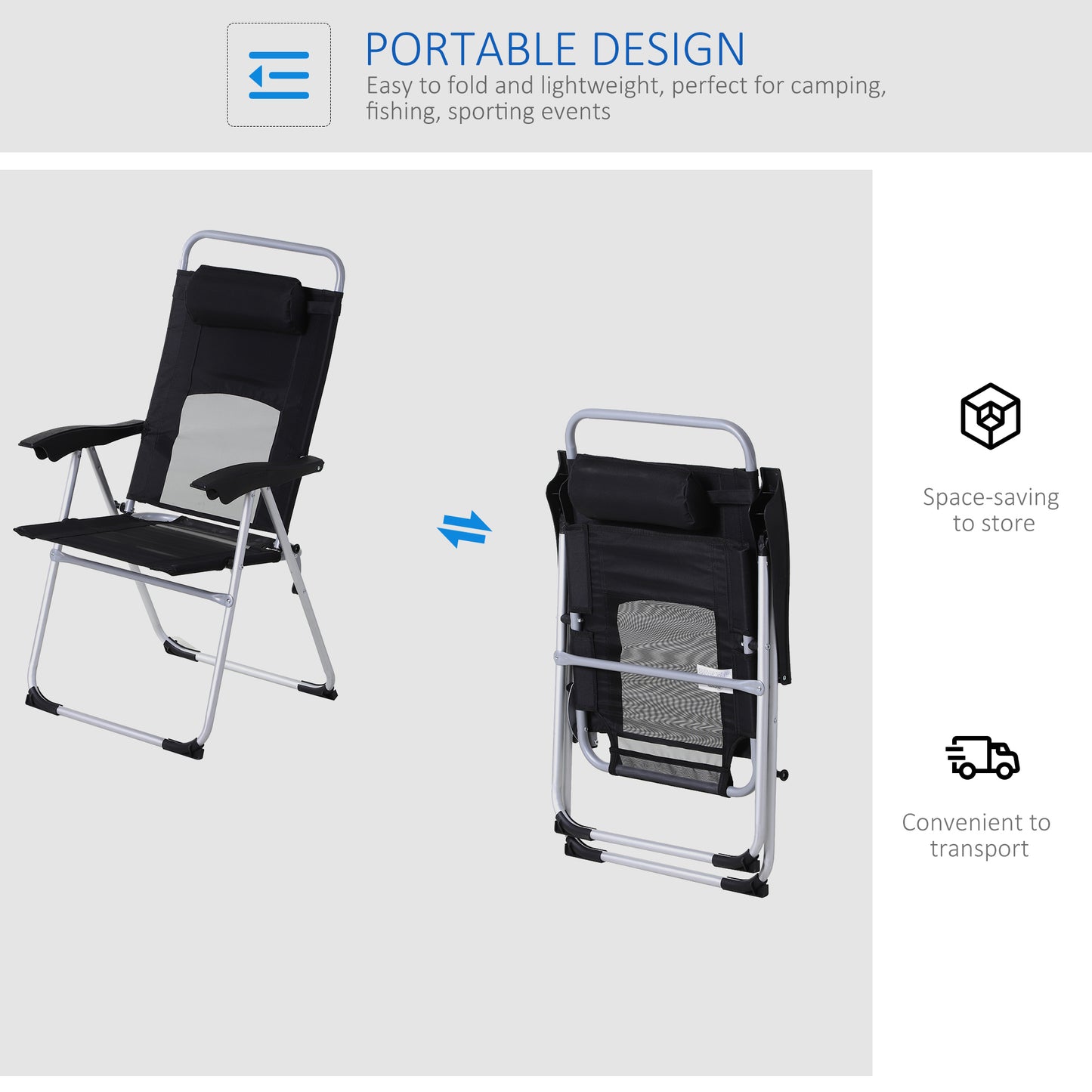 Outsunny Metal Frame 3-Position Adjustable Outdoor Garden Chair w/ Headrest Black