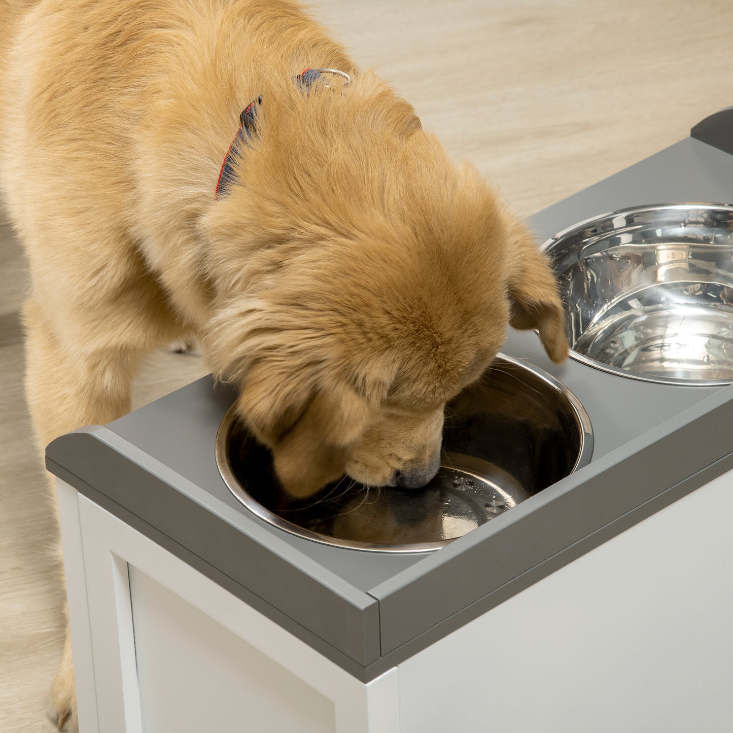 PawHut Stainless Steel Raised Dog Bowls, with 21L Storage Drawer for Large Dogs and Cats - White