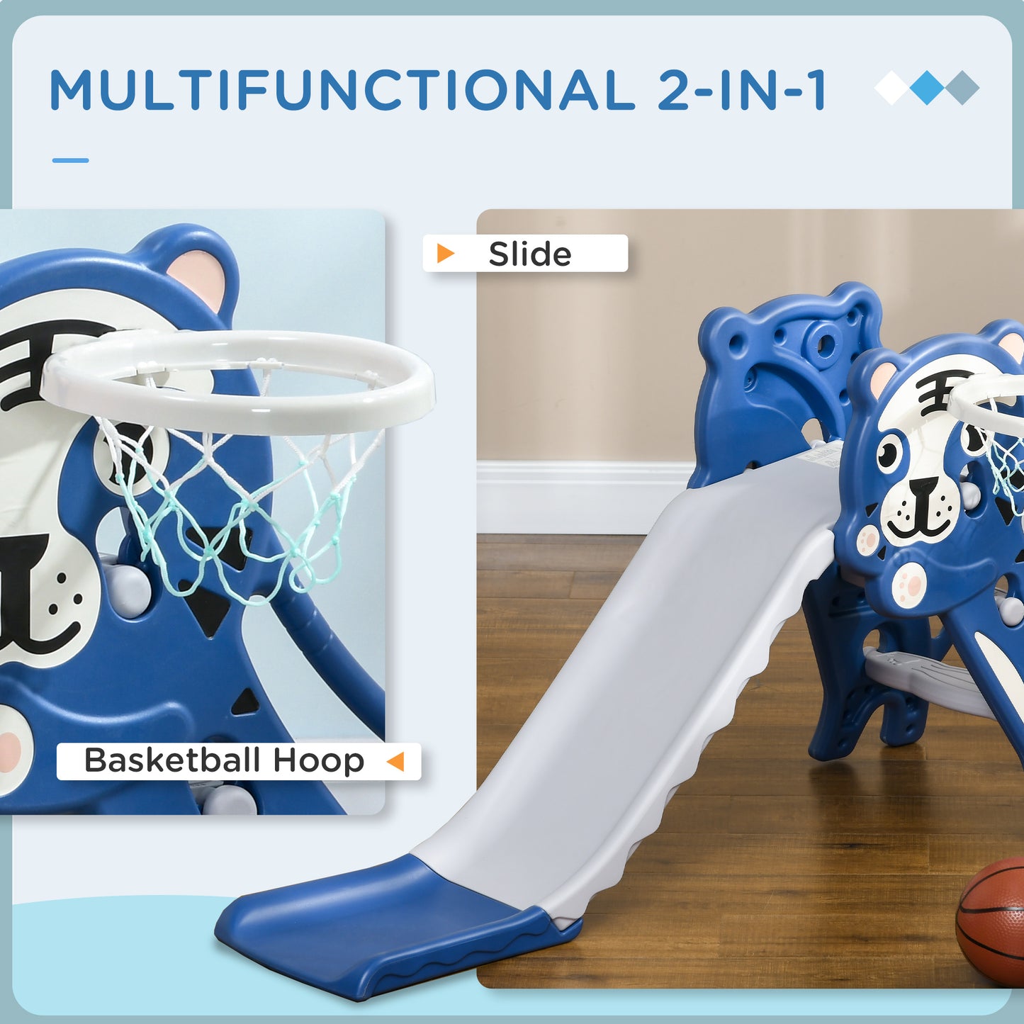 AIYAPLAY 2 in 1 Baby Slide for Indoor Use with Basketball Hoop Basketball for Ages 1836 Months Blue