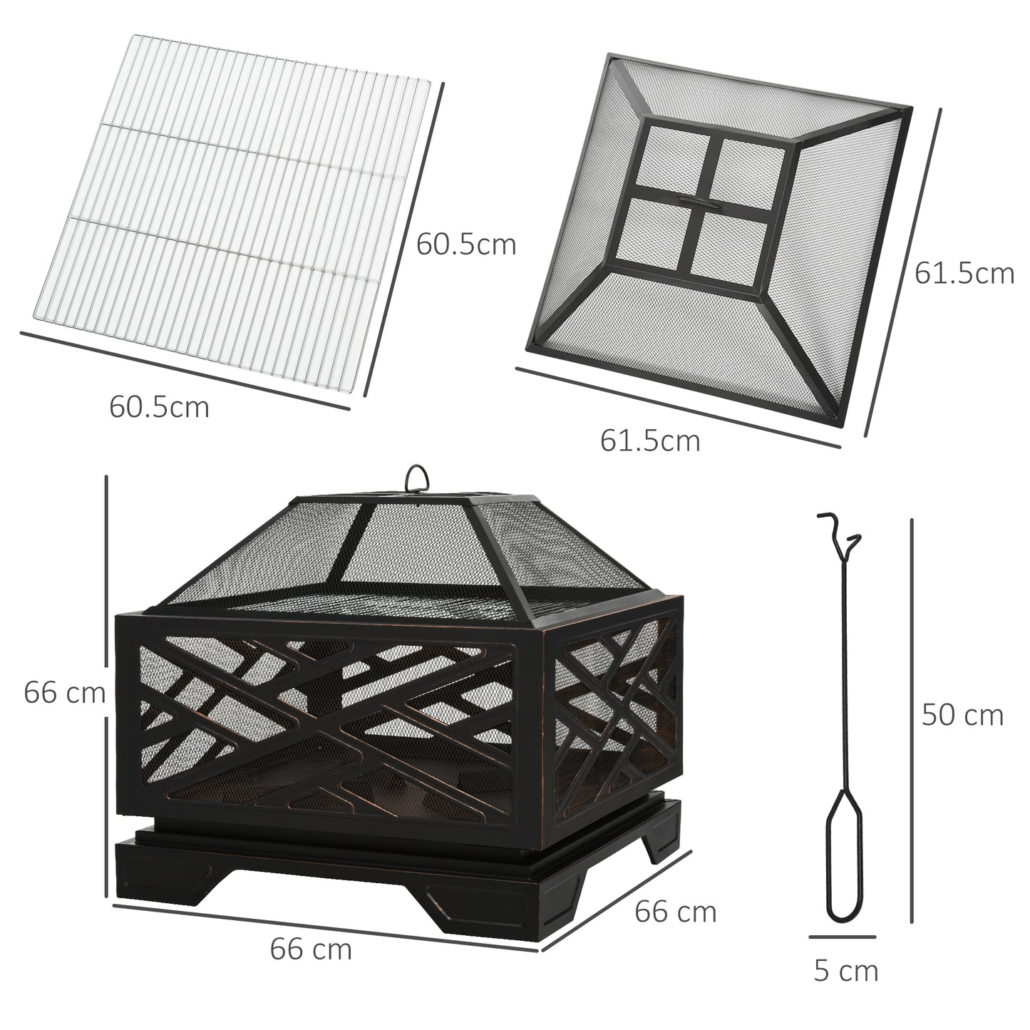 Outsunny Outdoor Square Fire Pit Patio Metal Brazier w/ Grill Net Mesh Cover Poker 66cm