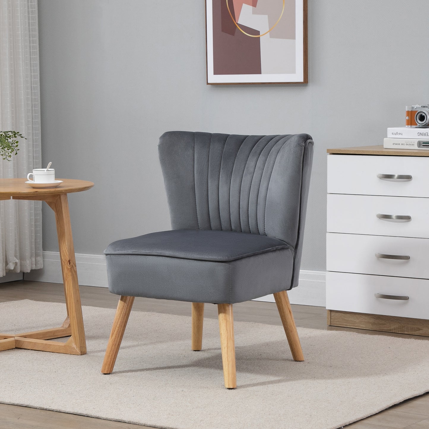 HOMCOM Modern Accent Chair, Fabric Living Room Chair with Rubber Wood Legs and Thick Padding, Grey