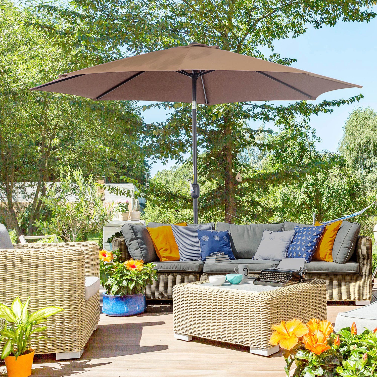 free standing patio umbrella uk Outsunny Patio Umbrella Garden Parasol Outdoor Steel,3x2.45m Coffee – mhstar.co.uk
