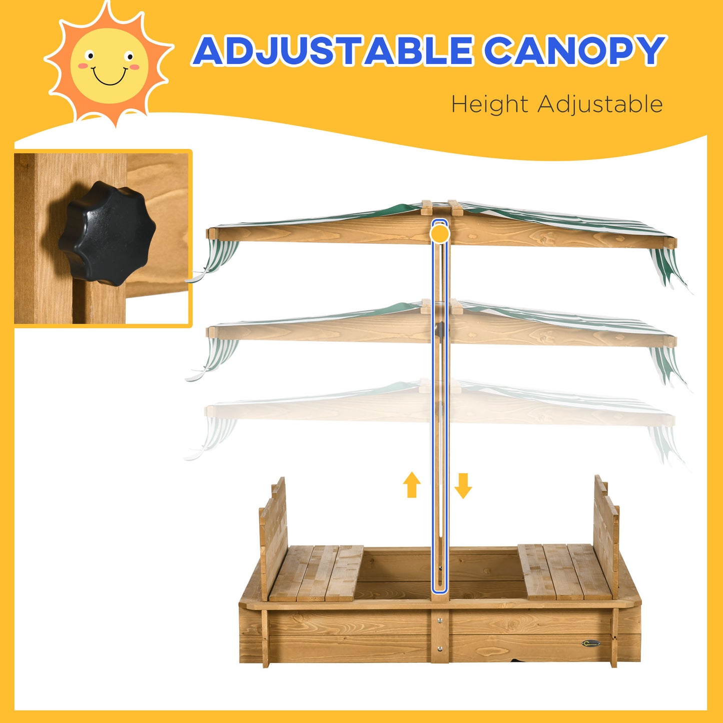 Outsunny Wooden Sandpit with Adjustable Canopy Light Brown
