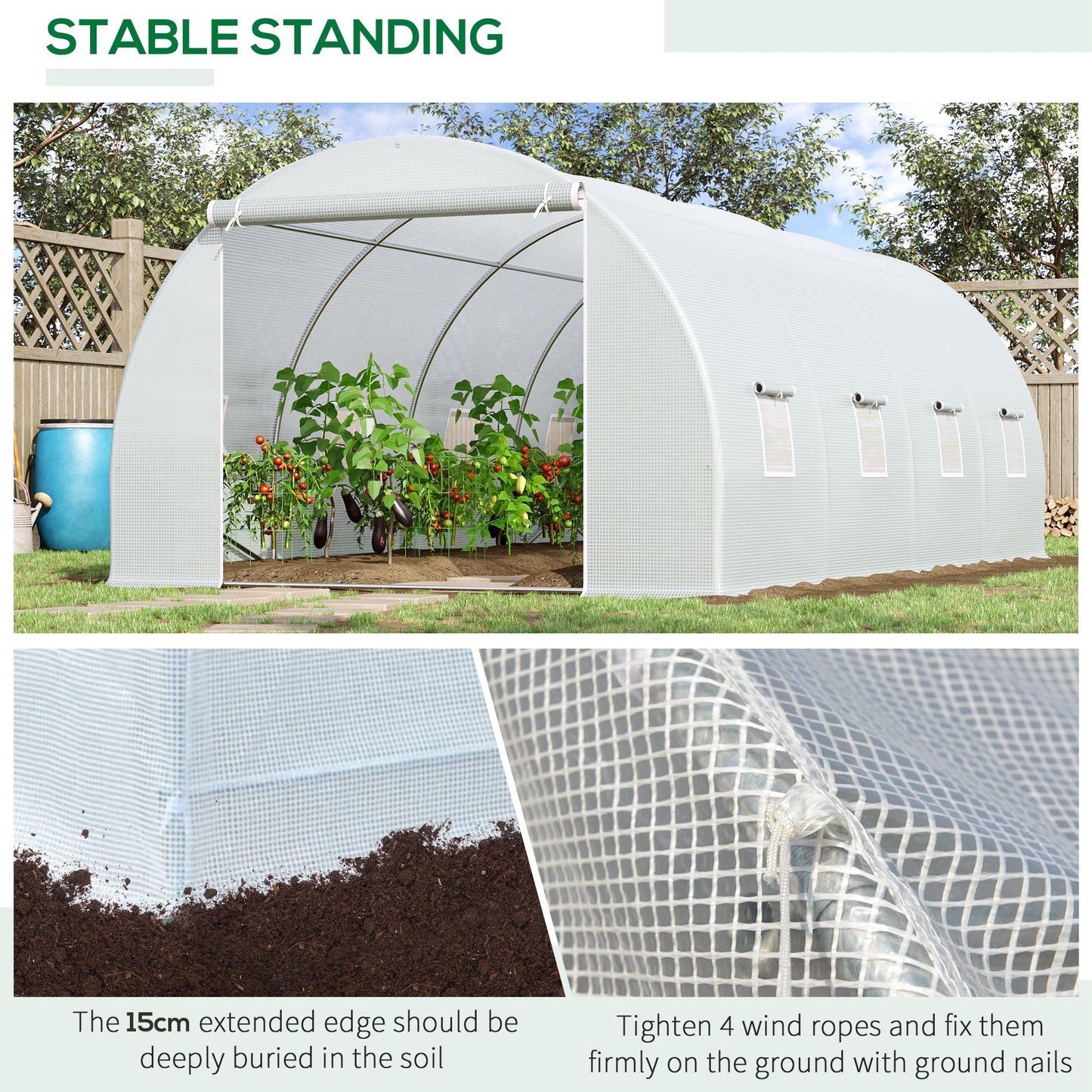 Outsunny 6 x 3 x 2 m Polytunnel Greenhouse, Walk in Pollytunnel Tent with Metal Frame, Zippered Door and 8 Windows for Garden and Backyard, White