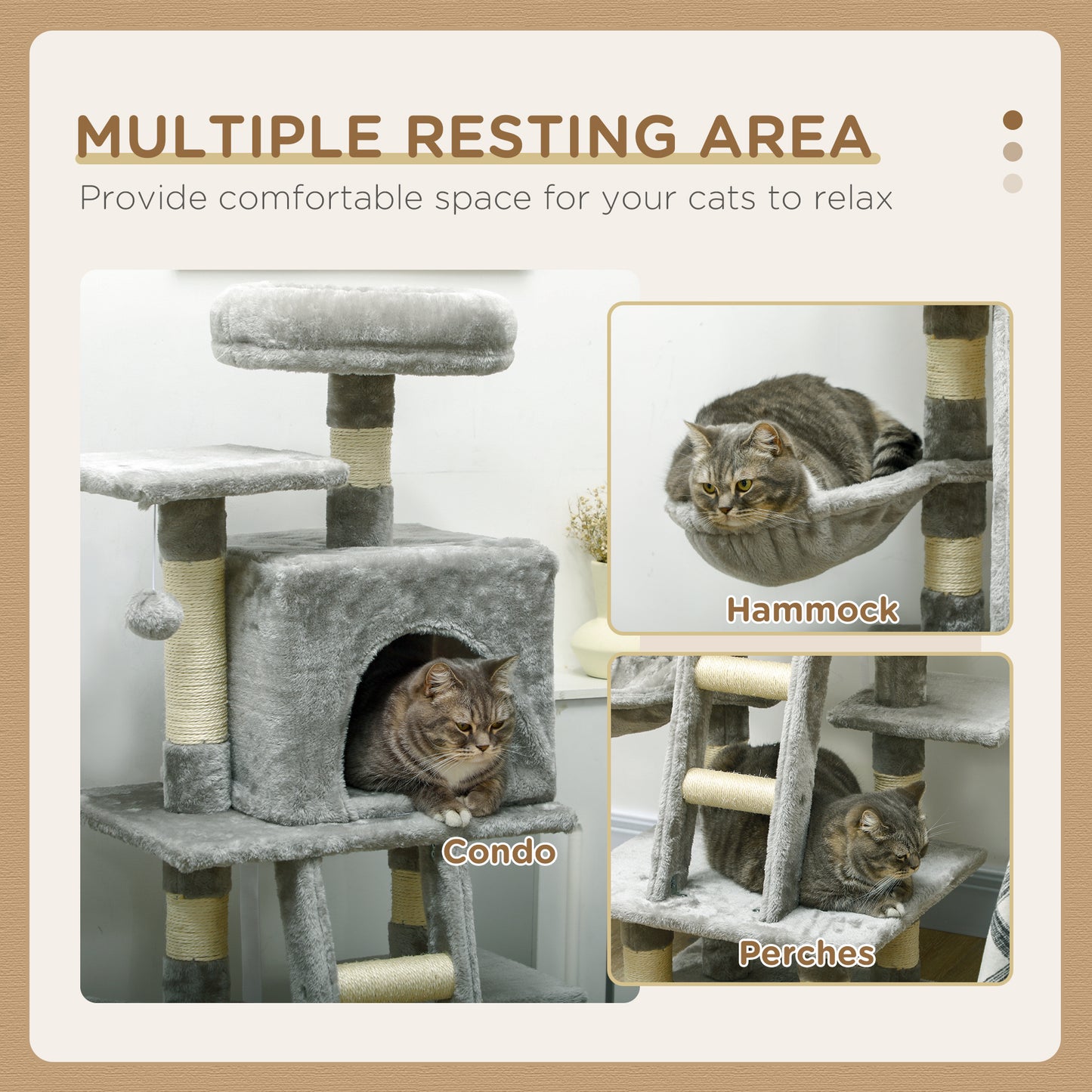 PawHut 132cm Cat Tree with Scratching Post, House, Hammock, Grey