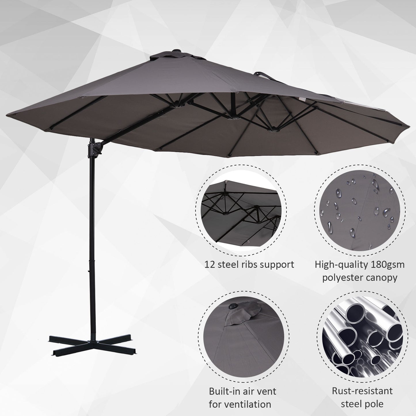 Outsunny Double Canopy Offset Parasol Umbrella Garden Shade w/ Steel Pole 12 Support Ribs Crank Handle Easy Lift Twin Canopy Grey