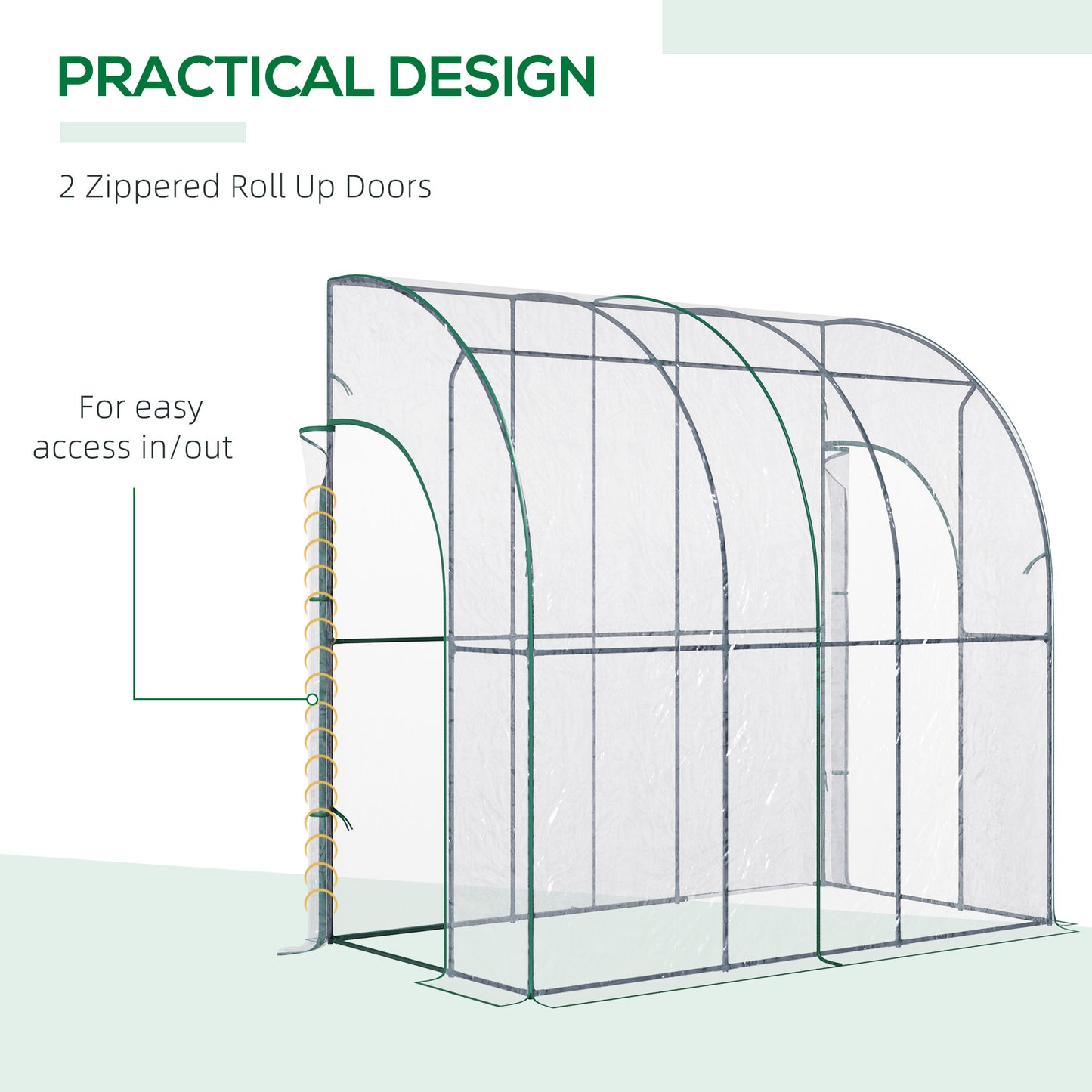 Outsunny Outdoor Walk-In Lean to Wall Tunnel Greenhouse with Zippered Roll Up Door PVC Cover Sloping Top, Clear, Green 214cm x 118cm x 212cm