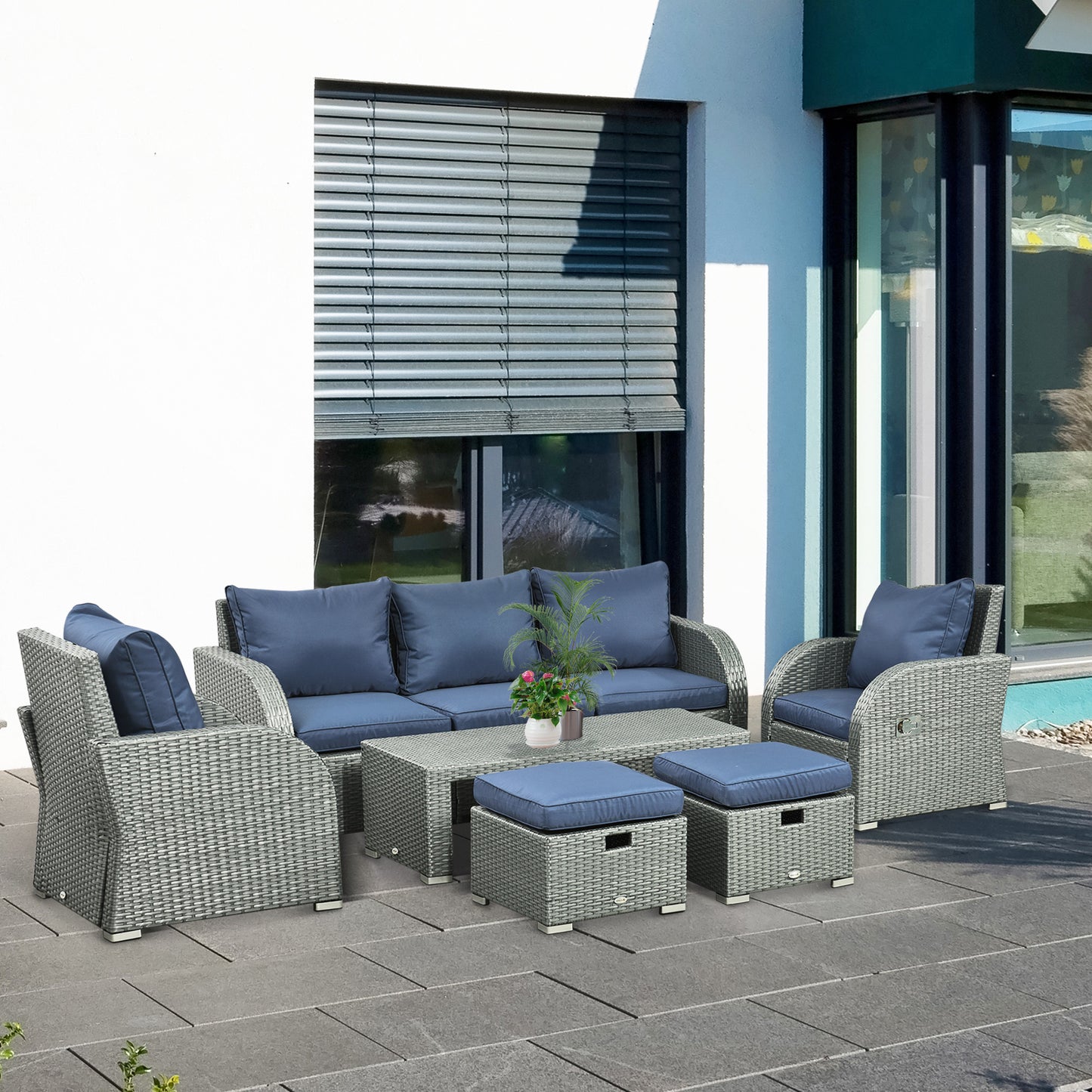 Outsunny 6pc Outdoor Rattan Wicker Furniture Set with 3-Seat Sofa, 2 Single Sofas, 2 Footstools and Coffee Table