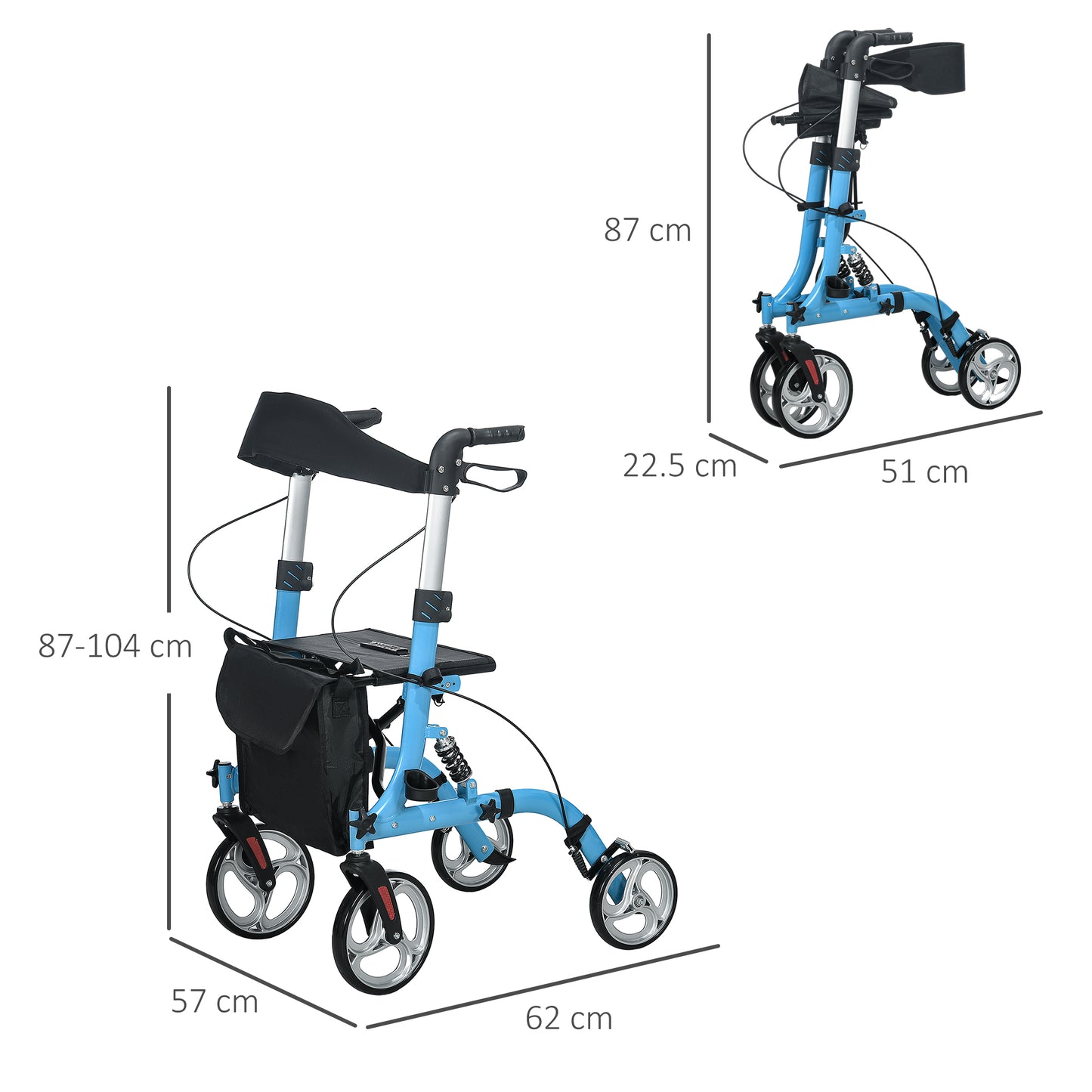 HOMCOM 4 Wheel Rollator with Seat and Back Lightweight Folding Mobility Walker with Large Wheels Carry Bag Adjustable Height Aluminium Walking Frame with Dual Brakes for Seniors Blue