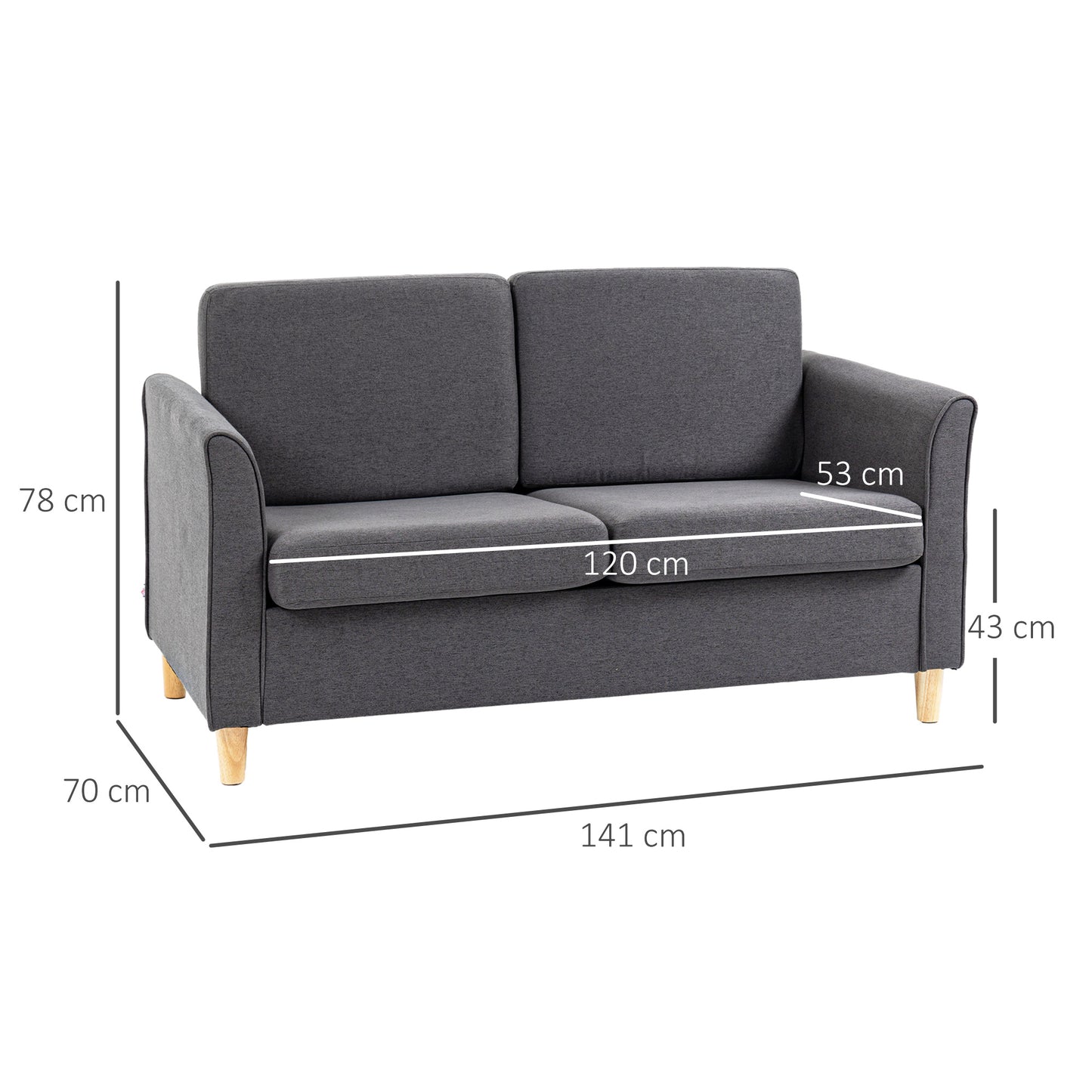 HOMCOM Compact Loveseat Sofa Modern 2 Seater Sofa for Living Room with Wood Legs and Armrests Dark Grey