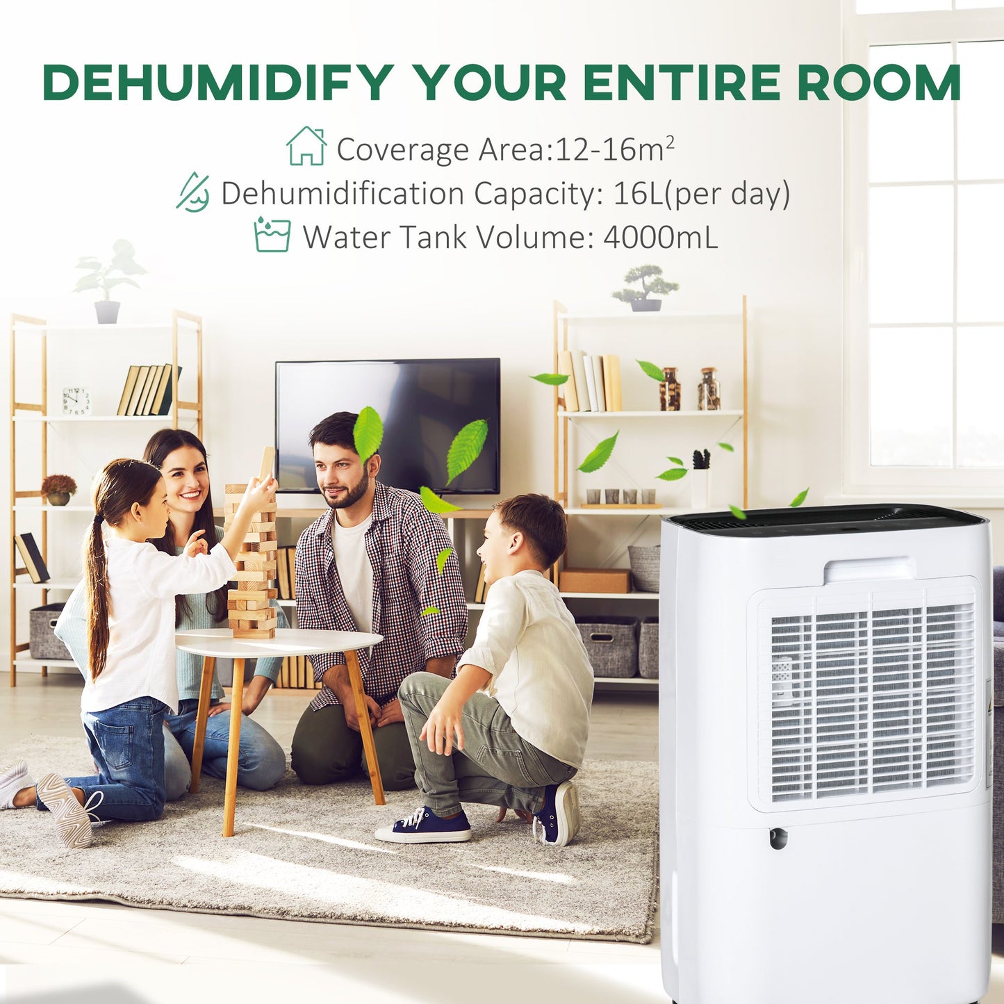 HOMCOM 16L/Day 4000ML Portable Quiet Dehumidifier for Home Laundry Room Bedroom Basement, Electric Moisture Air De-Humidifier with 3 Modes