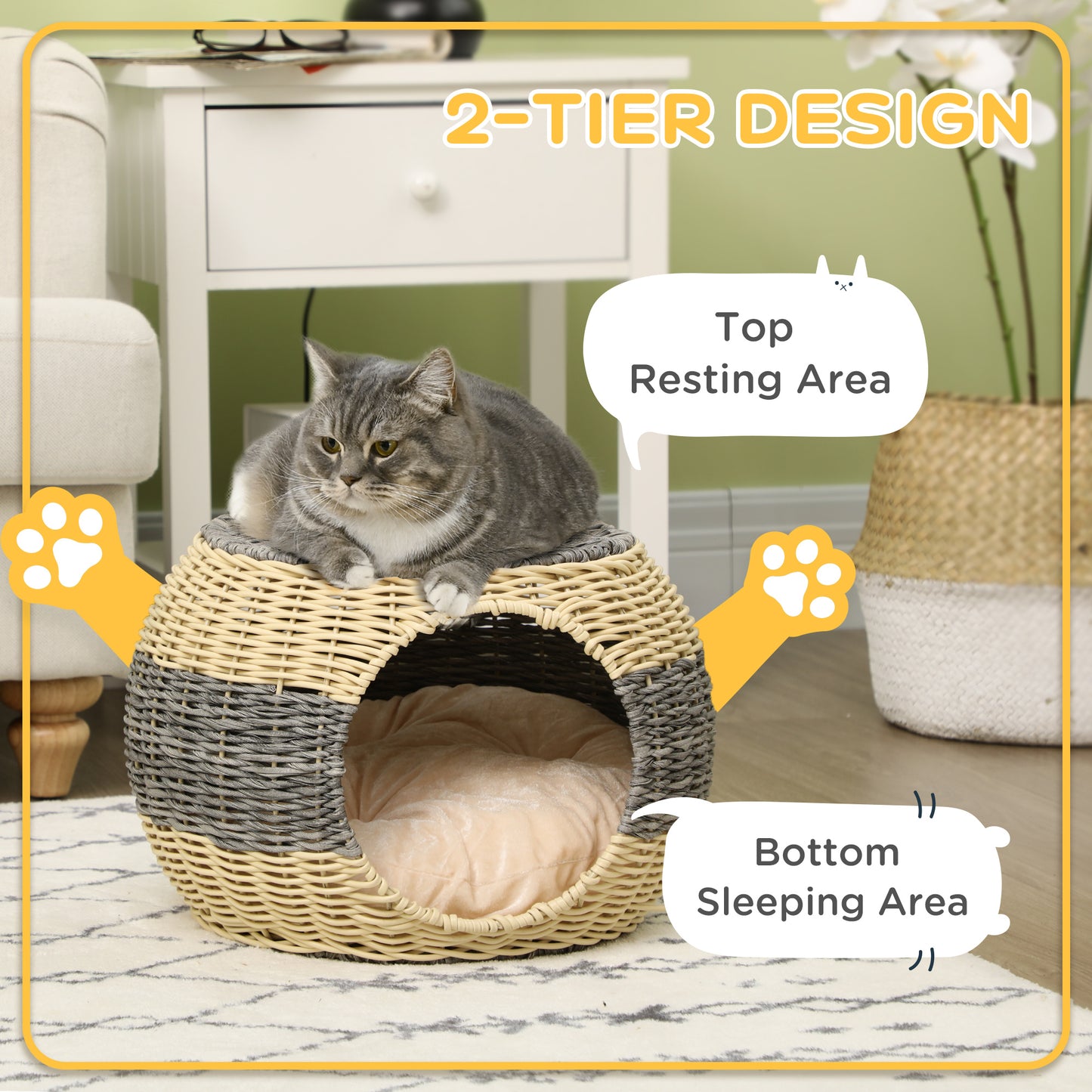 PawHut Wicker Cat House, Rattan Raised Cat Bed, Cosy Kitten Cave with Soft Washable Cushion, Ø40 x 30cm