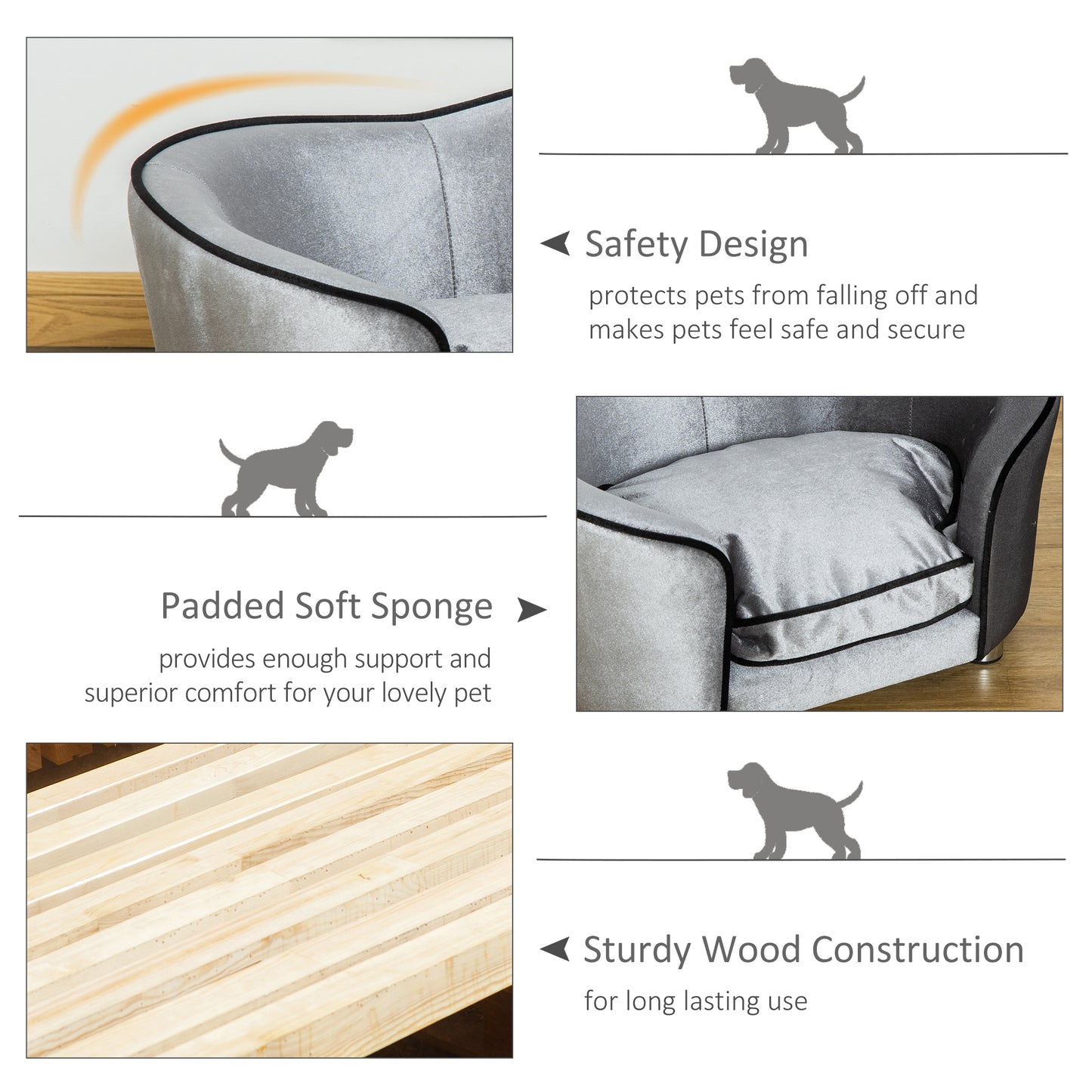 PawHut Pet Sofa Couch, Dog Bed, Cat Lounger, with Storage Pocket Removable Cushion Modern Furniture for Small Dogs, 69 x 49 x 38cm, Silver Grey