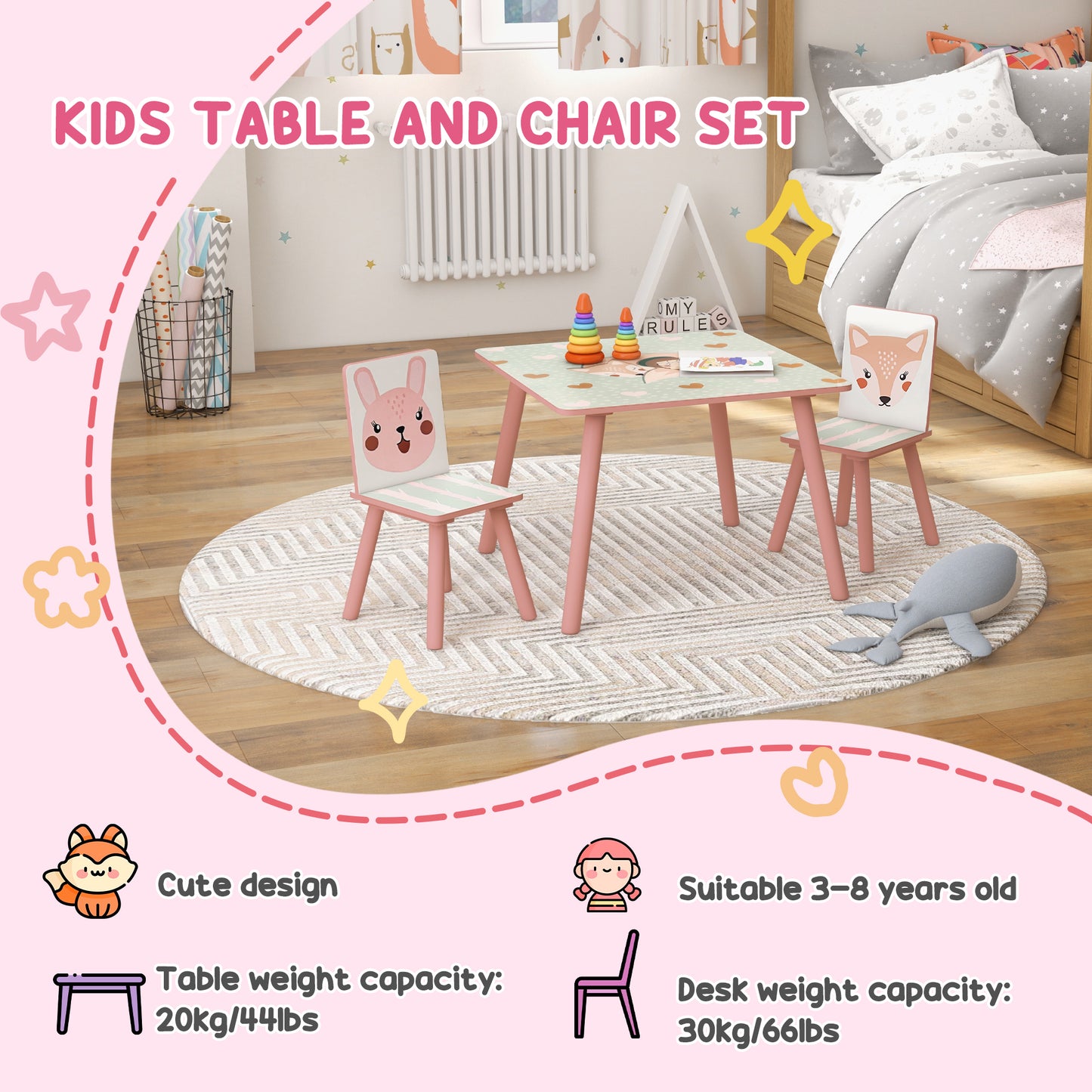 ZONEKIZ Kids and Table Chairs Children Desk with Two Chairs Toddler Furniture Set for Ages 36 Years Pink