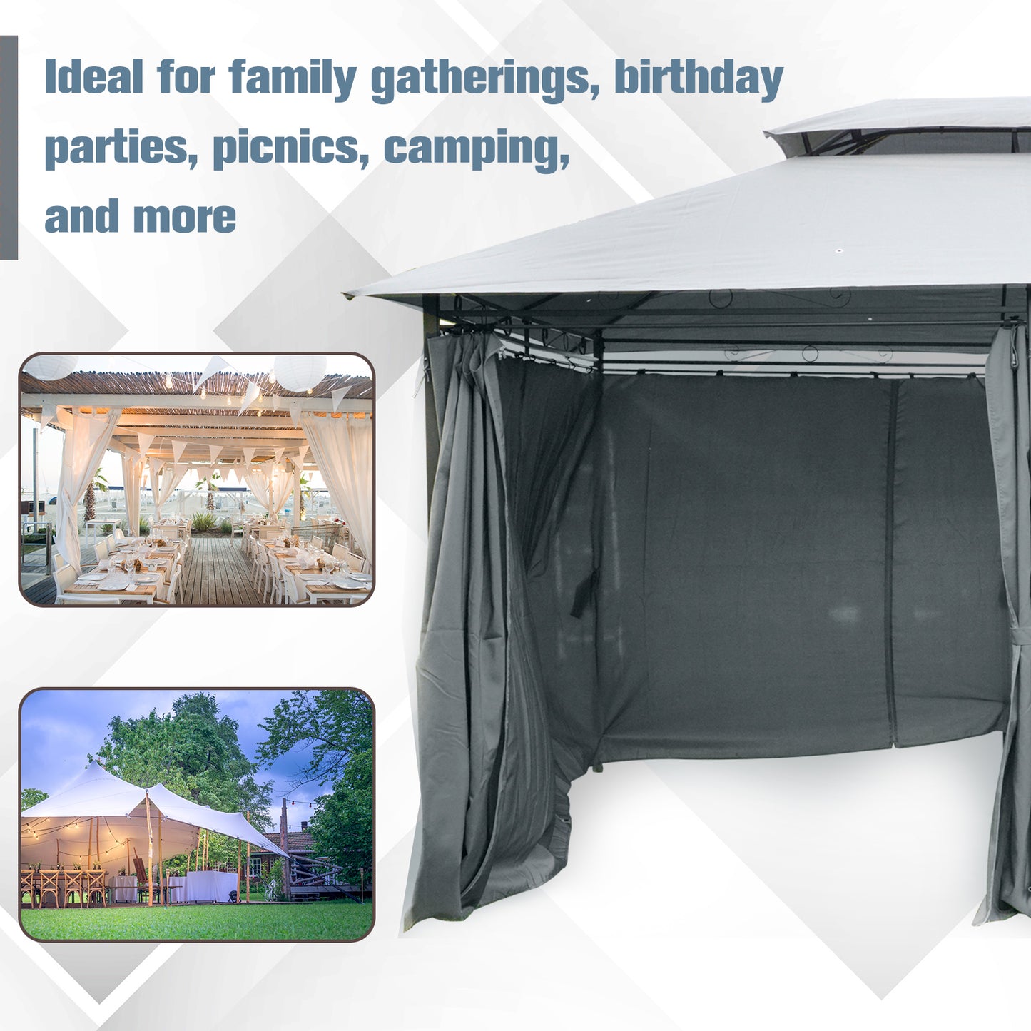 Outsunny 10 x 13ft Outdoor 2-Tier Steel Frame Gazebo with Curtains Outdoor Backyard, Black/Grey 2 Tier Black Grey