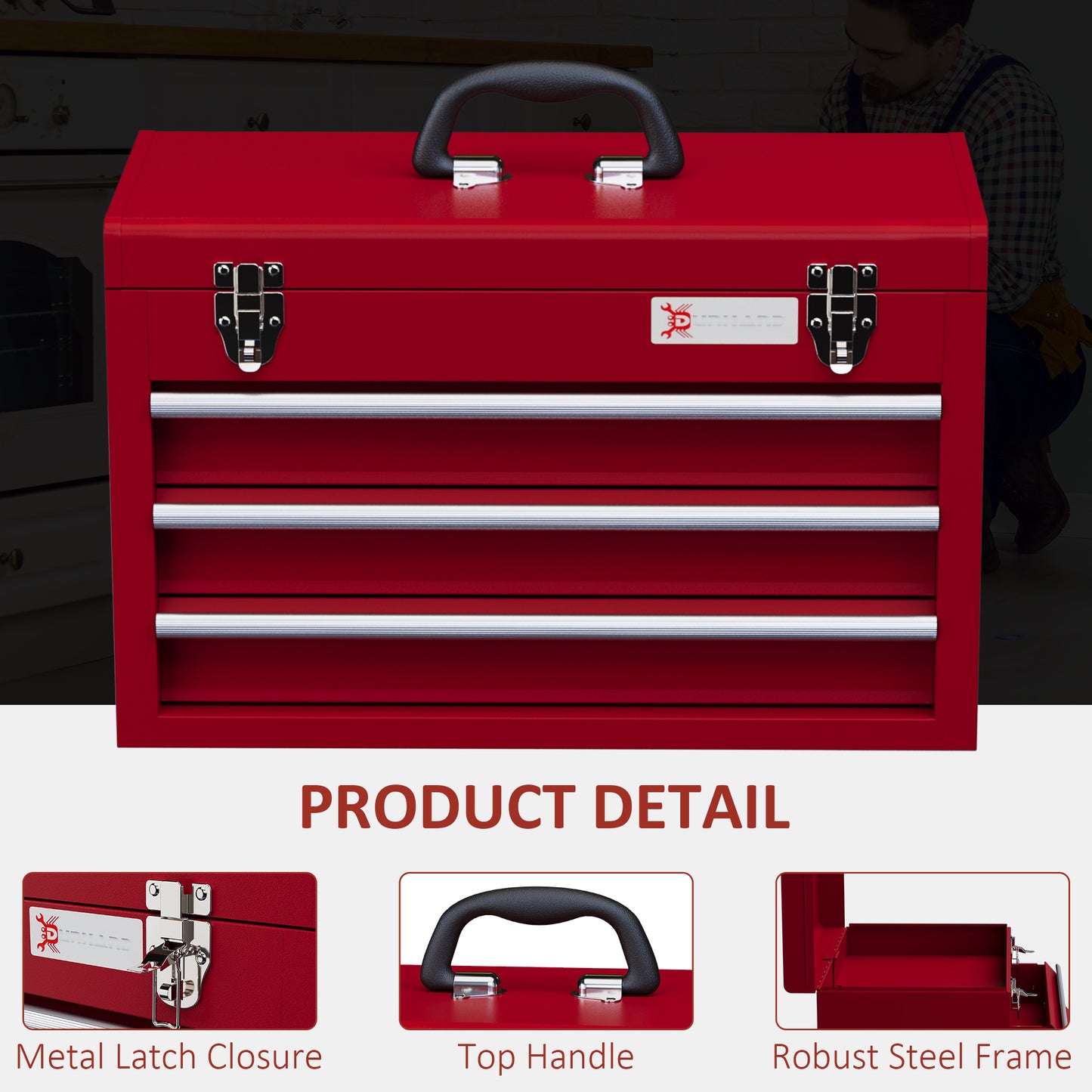 DURHAND Lockable Metal Tool Box 3 Drawer Tool Chest with Latches Handle Ball Bearing Runners Red