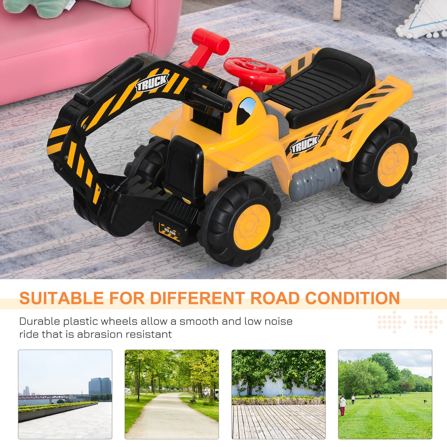 HOMCOM Kids 4-in-1 HDPE Excavator Ride On Truck Yellow/Black