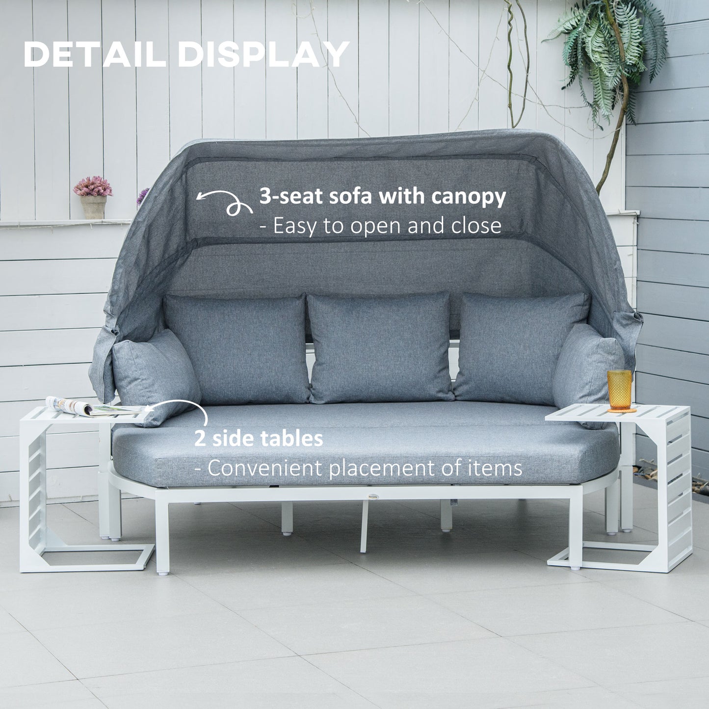 Outsunny 4 Pieces Outdoor Garden Sofa Set, Aluminum Patio Lounge Bed Furniture Set, with Canopy, Padded Cushions & Side Tables, White