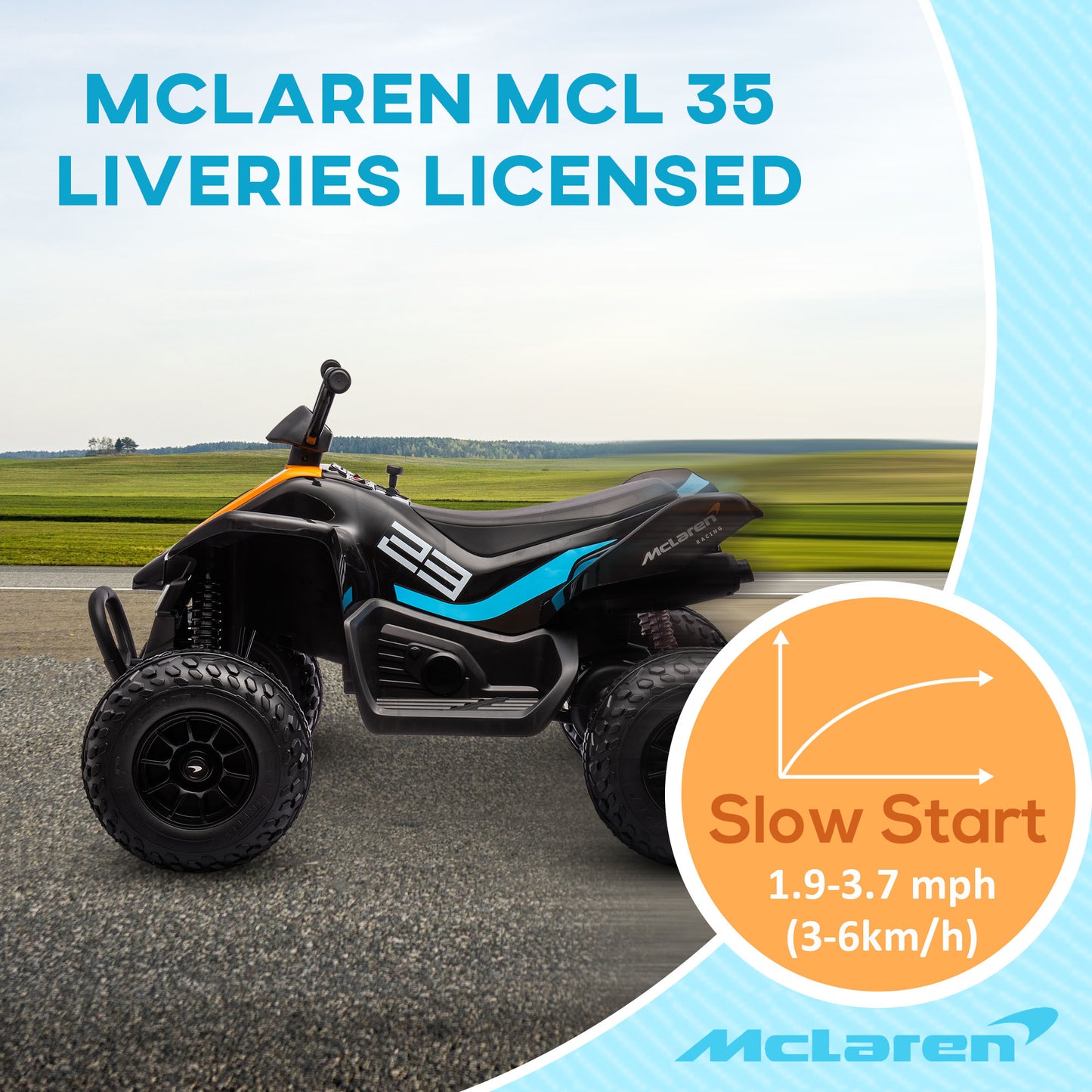 HOMCOM McLaren Licensed 12V Quad Bike, with Music, Headlights, MP3 Slot, Suspension Wheels, for Ages 3-8 Years - Black