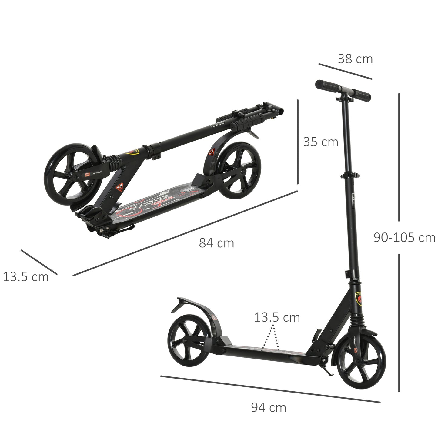 HOMCOM Foldable Kick Scooter, Adjustable Height, 94L x 38W x 90-105Hcm-Black