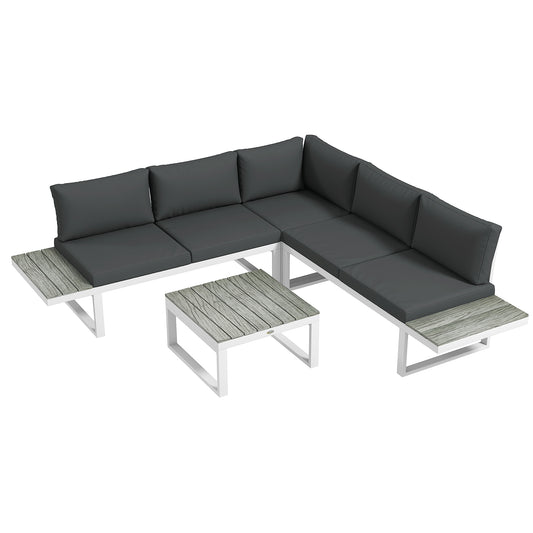 Outsunny 4 Pcs Patio Garden Set w/ 5-Level Recline Corner Sofa, Garden Lounge Sectional Conversation Sofa Set w/ Cushions, Coffee Table, White