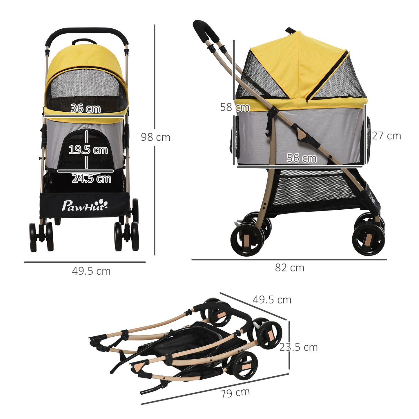 PawHut Detachable Pet Stroller, 3-In-1 Dog Cat Travel Carriage, Foldable Carrying Bag with Universal Wheel Brake Canopy Basket Storage Bag, Yellow