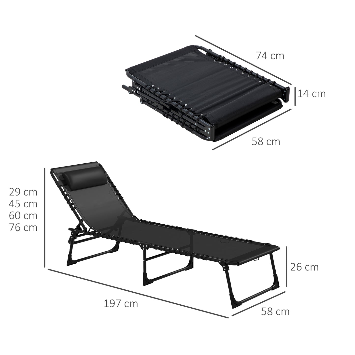 Outsunny 2 Pcs Folding Sun Lounger Beach Chaise Chair Garden Cot Camping Recliner with 4 Position Adjustable Black