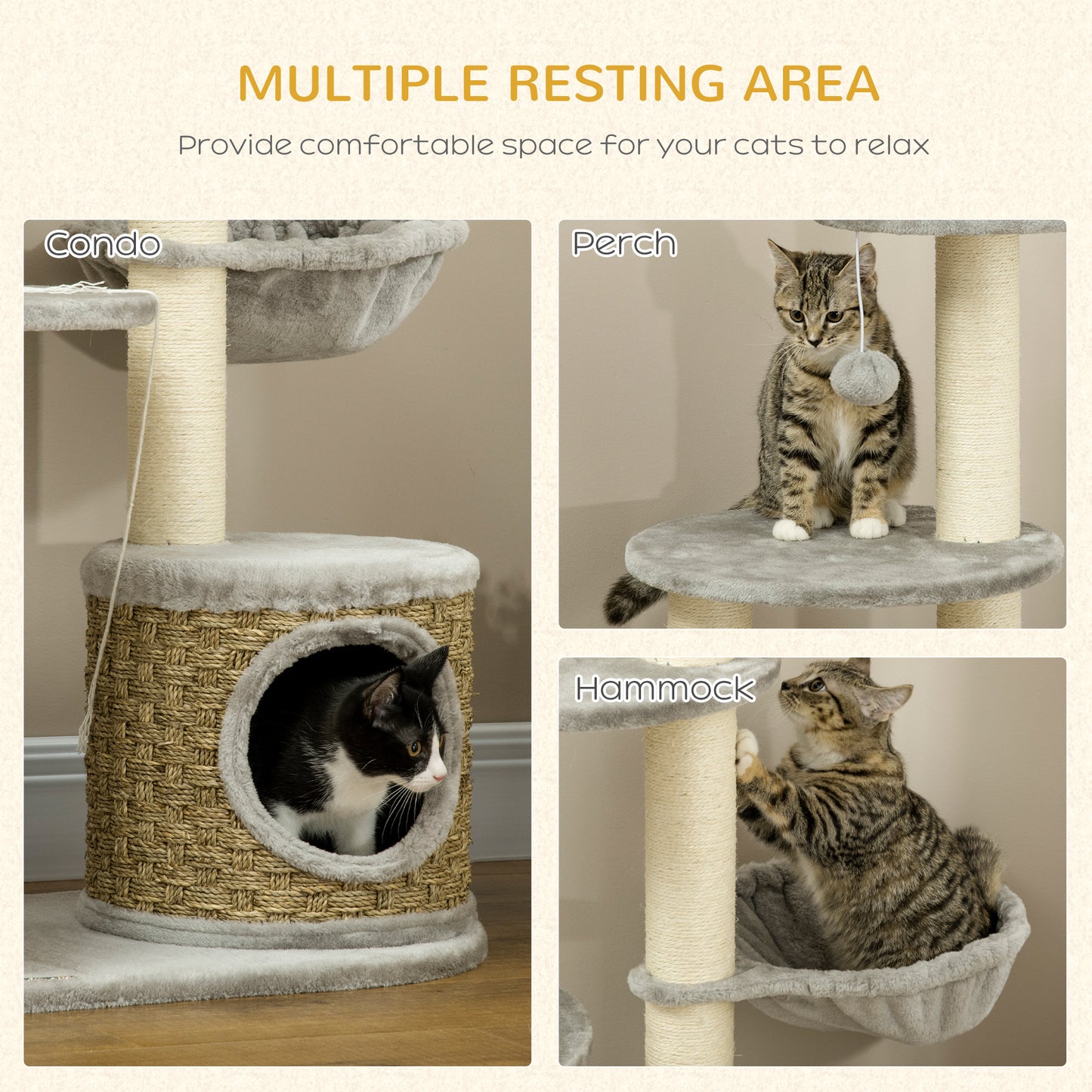 PawHut Cat Tree, 115cm Cat Climbing Tower, kitten Activity Centre with Fluffy House and Hammock, Light Grey