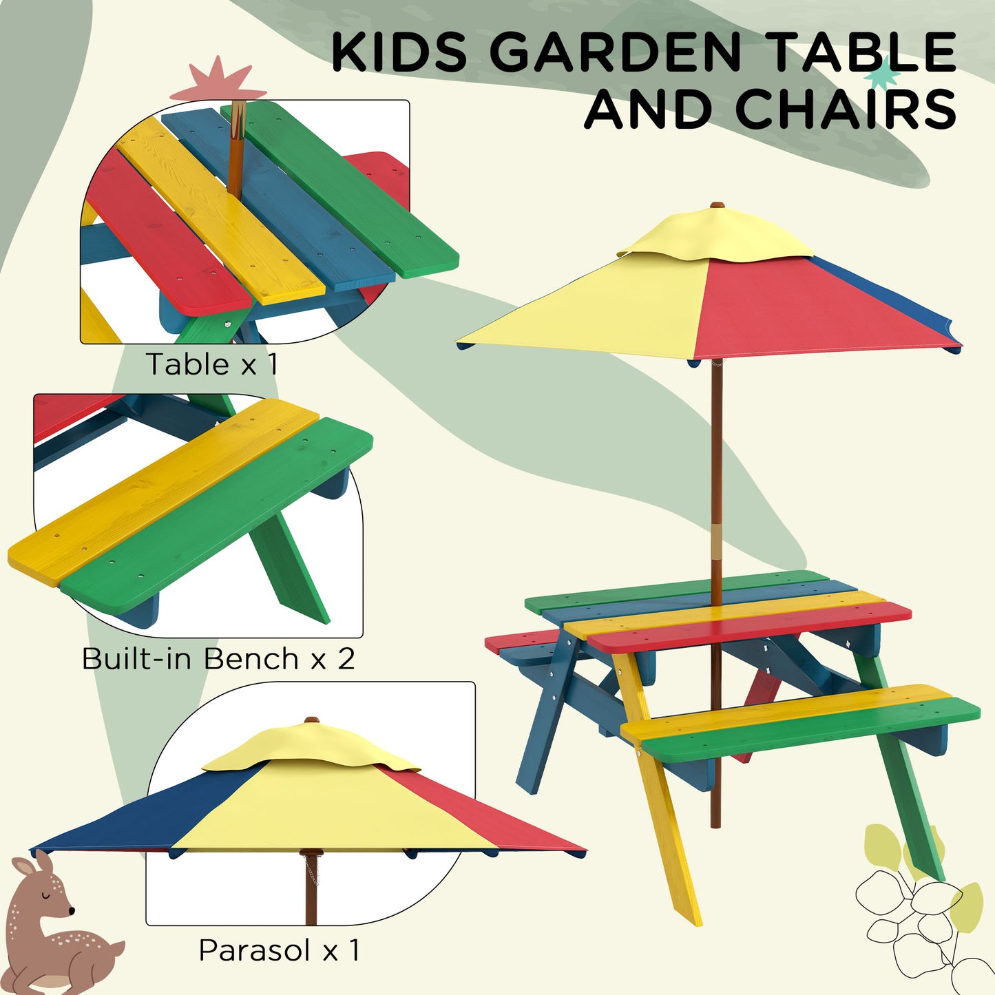 Outsunny Wooden Kids Table and Chair Set with Removable Parasol, for Ages 3-6 Years - Multicoloured