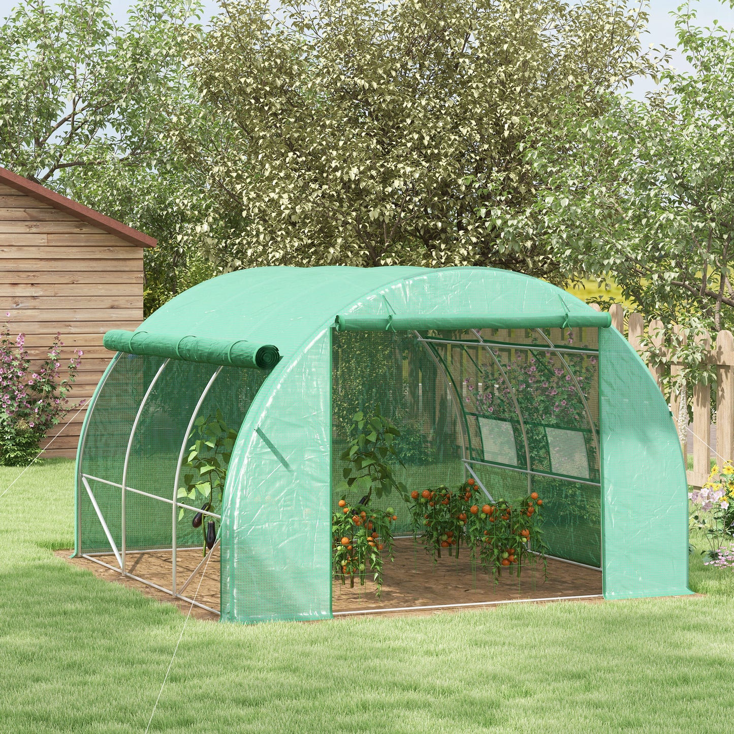 Outsunny Polytunnel Greenhouse Walkin Grow House Tent with Rollup Sidewalls Zipped Door and 6 Windows 3x3x2m Green