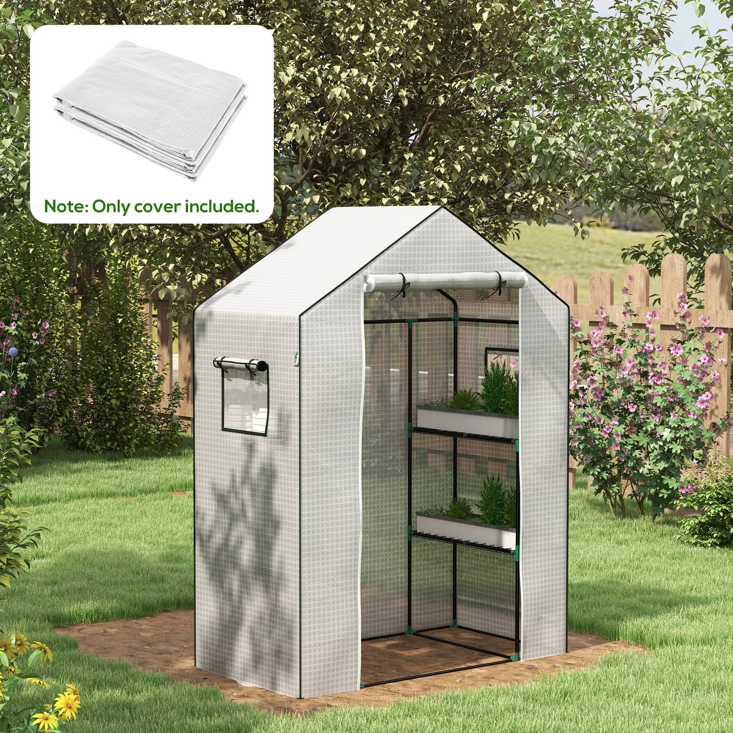 Outsunny Greenhouse Cover Replacement Walkin PE Hot House Cover with Rollup Door and Windows 140 x 73 x 190cm White