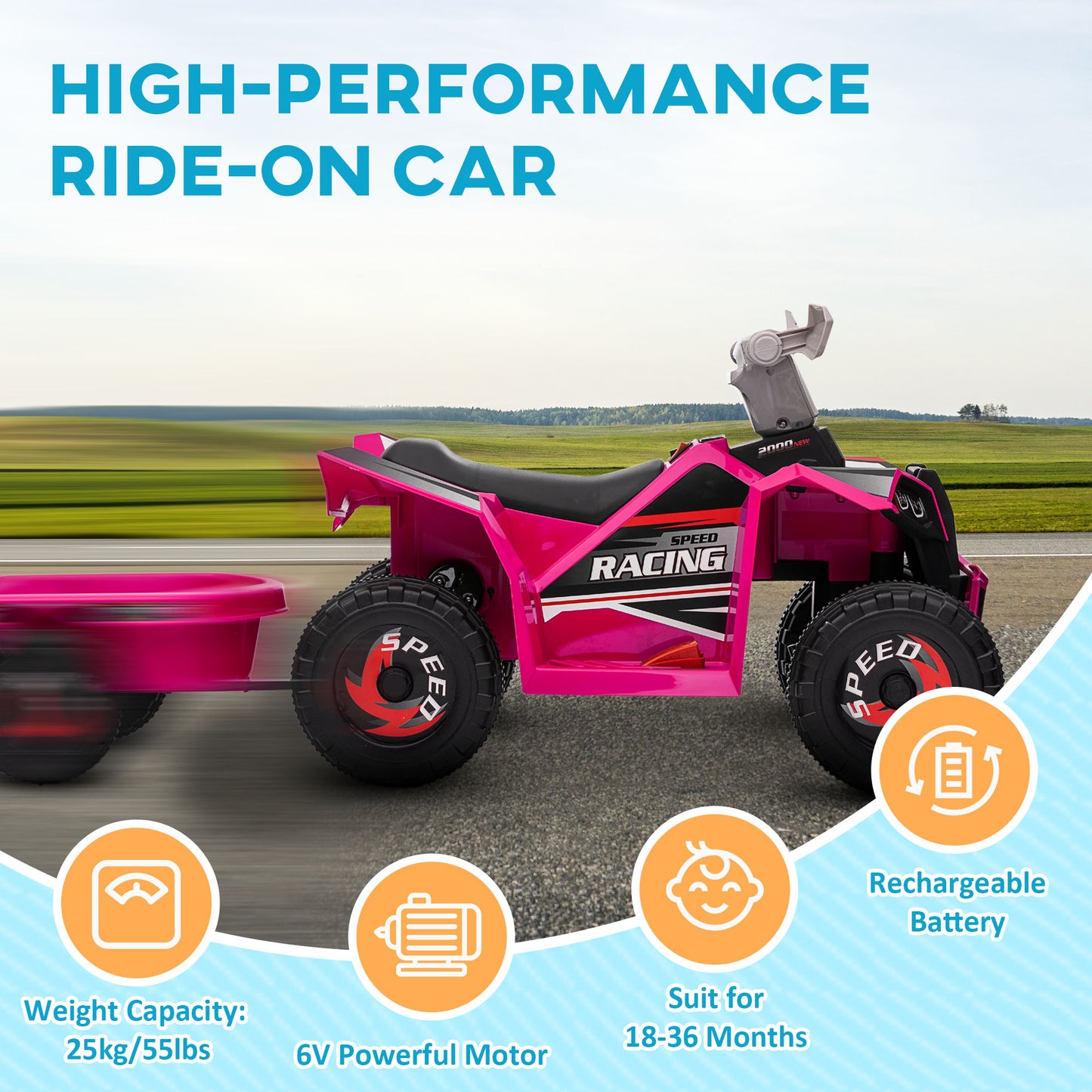 HOMCOM 6V Quad Bike with Back Trailer, Wear-Resistant Wheels for Ages 18-36 Months, Pink