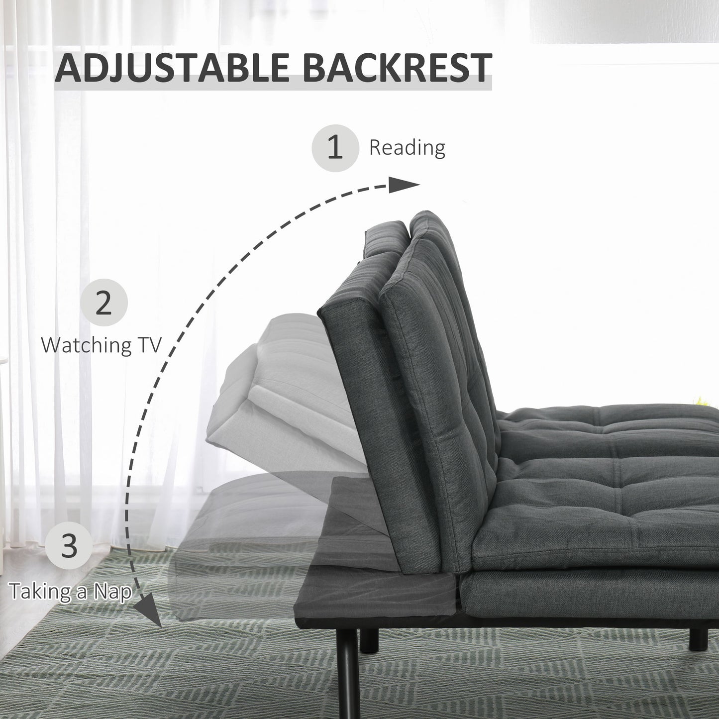 HOMCOM Tufted 3 Seater Sofa Bed, Upholstered Click Clack Sofa Bed with Adjustable Armrests and Backrest for Living Room and Bedroom, Grey
