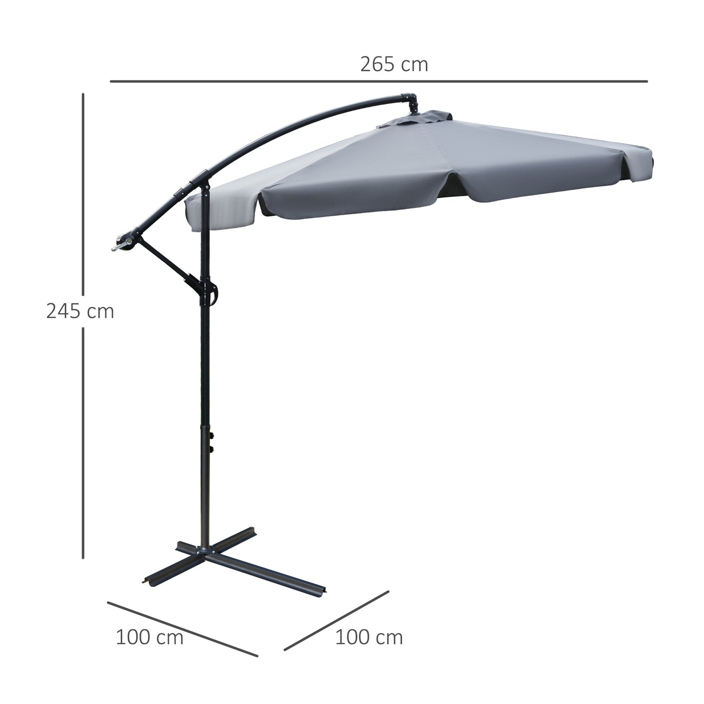 Outsunny 2.7m Garden Banana Parasol Cantilever Umbrella with Crank Handle and Cross Base for Outdoor, Hanging Sun Shade, Dark Grey