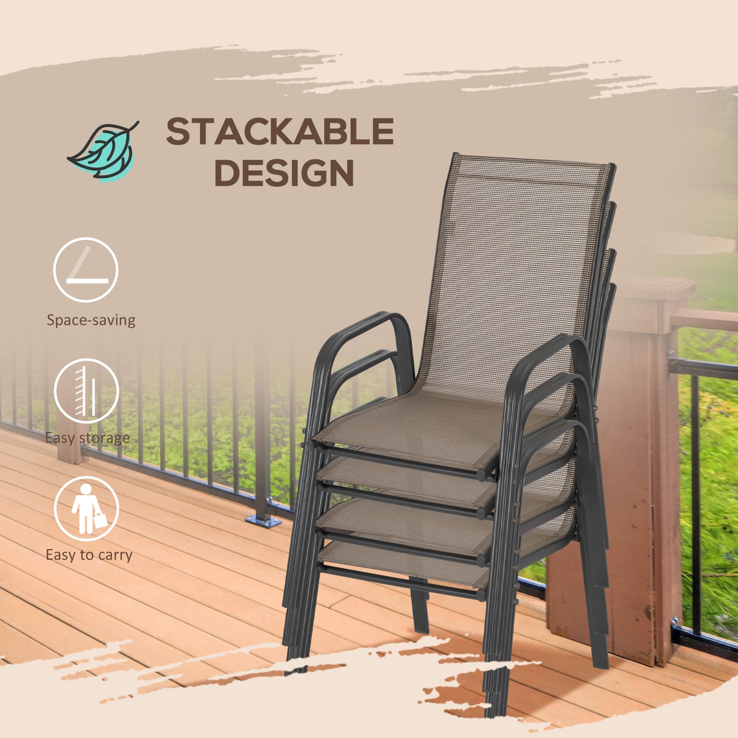 Outsunny 4 Pieces Garden Chairs, Stackable Outdoor Chairs with High Backrest and Armrest, Breathable Mesh Fabric Dining Chair Set of 4, Dark Grey