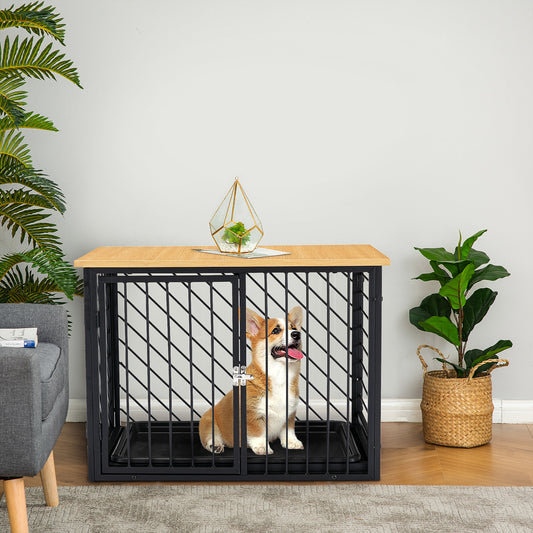 PawHut  Steel Dog Crate Small Medium Dog Kennel Two Doors Tray Wooden Top Pet Cage 76L x 48W x 53H cm, Black